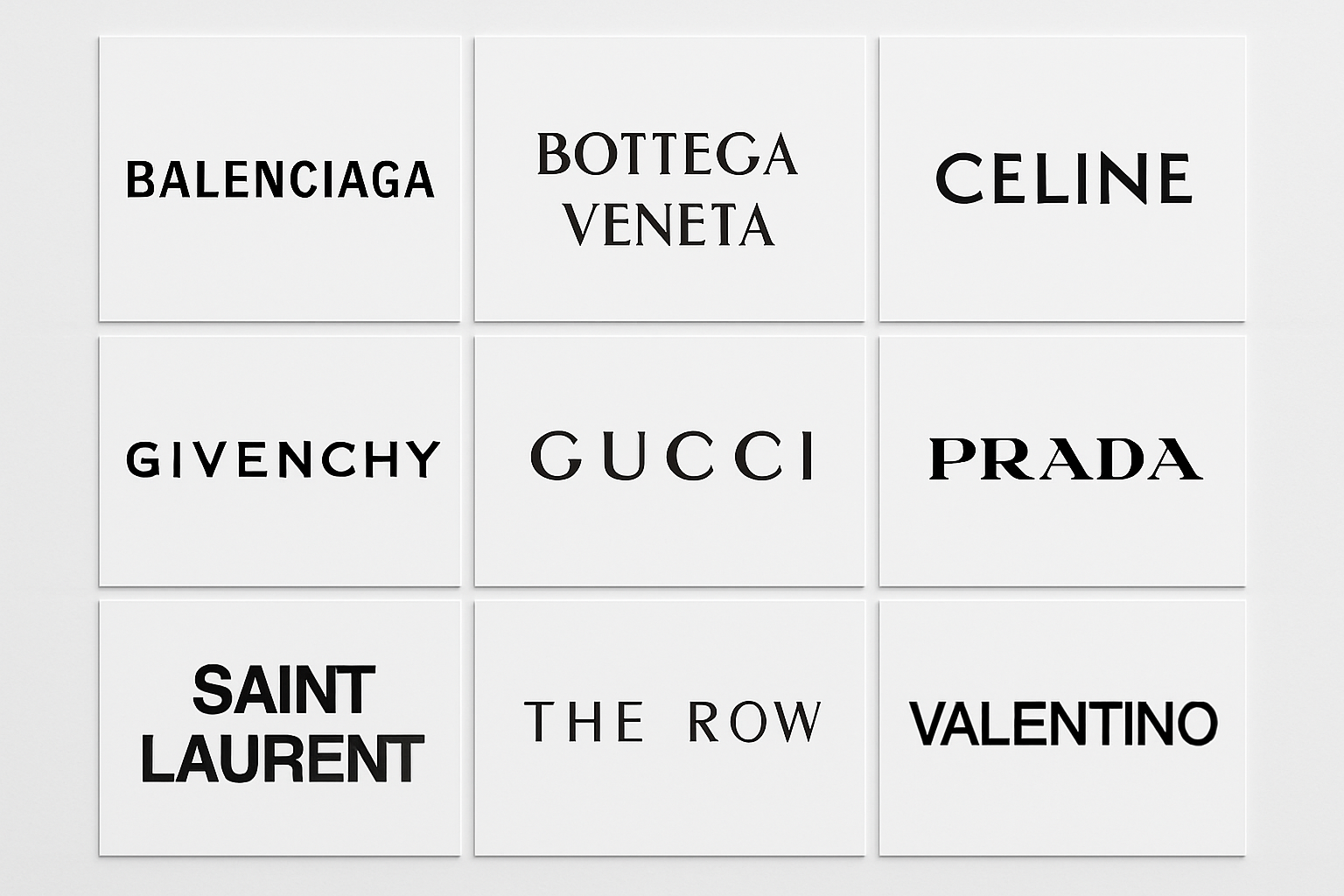 A grid of minimalist luxury brand-style logos showing how sans-serif rebrands led to visual sameness across the fashion industry in the 2010s