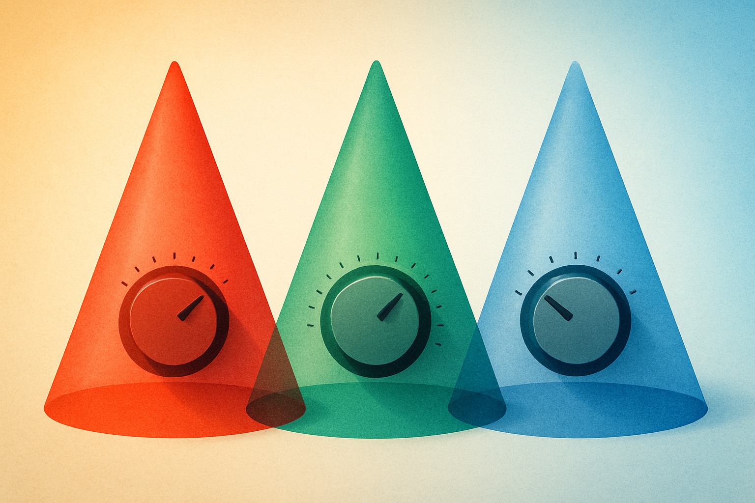 Conceptual illustration of three color-sensitive cone types in the human eye, represented as translucent red, green, and blue shapes with adjustment dials, against a gradient from warm to cool light