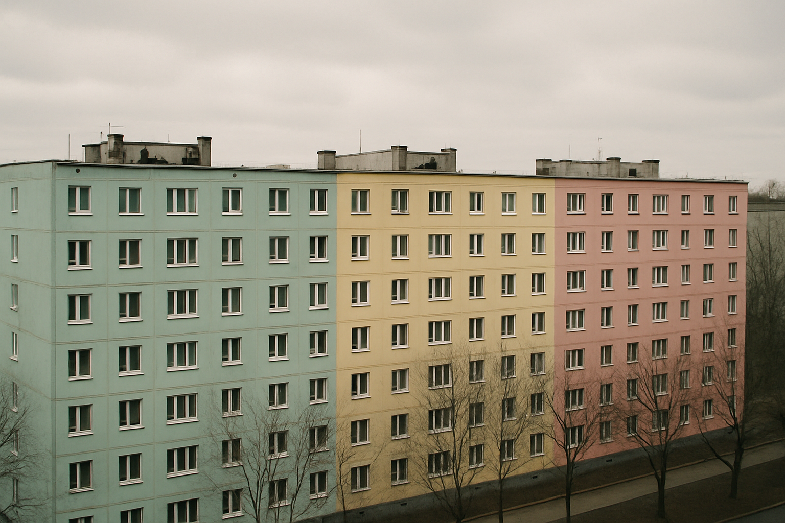 A row of Soviet-era prefabricated panel housing blocks painted in coordinated pastel colors including mint green, butter yellow, and dusty pink, showing how color coding helped differentiate identical buildings.