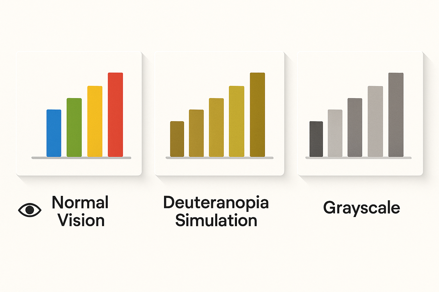 Comparison of a bar chart under normal vision, deuteranopia simulation showing collapsed red-green colors, and grayscale rendering demonstrating how lightness variation preserves readability.