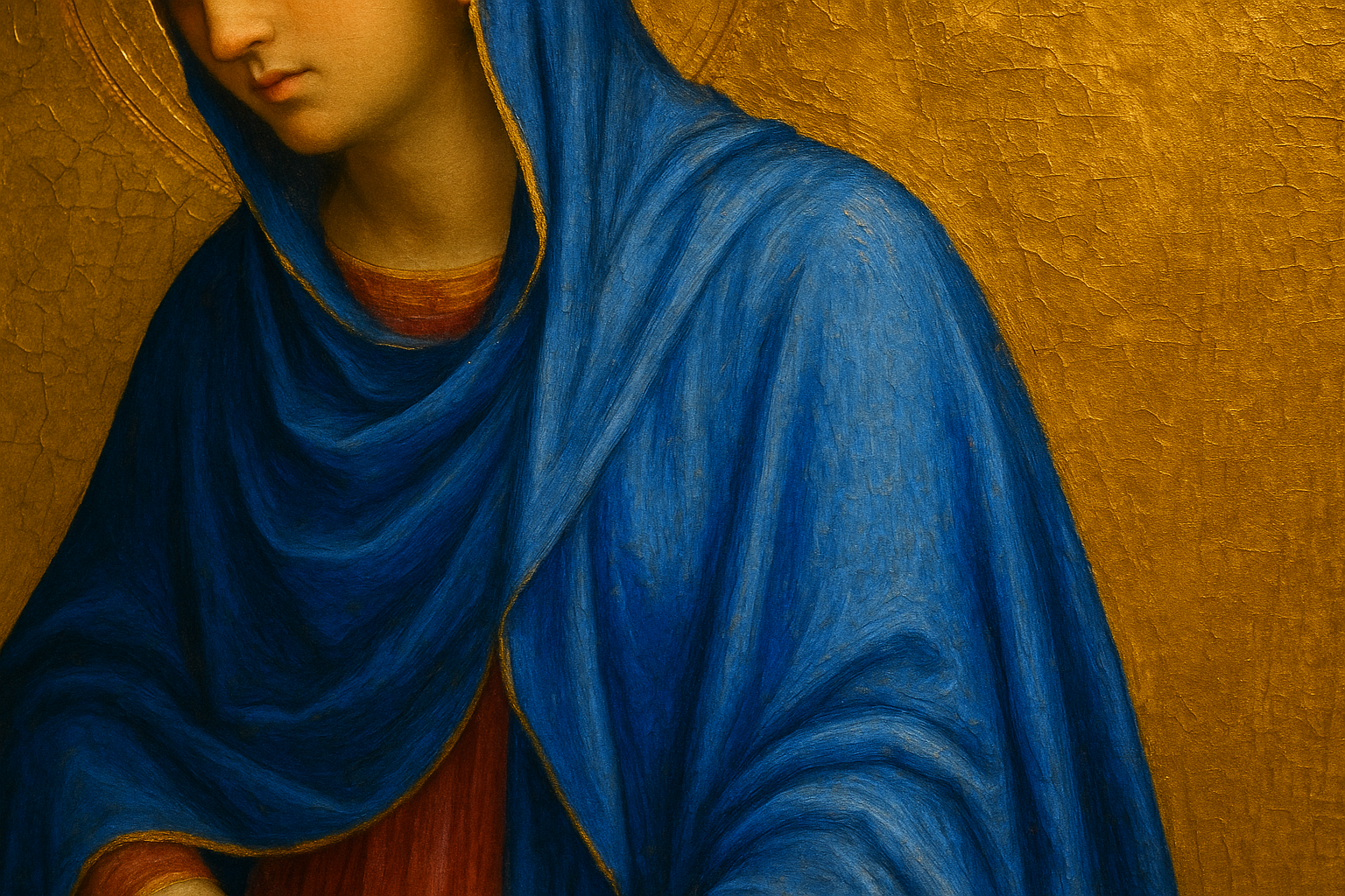 Detail of a Renaissance painting showing the Virgin Mary's vivid ultramarine blue robe, illustrating how the precious pigment was reserved for the most sacred figures in religious art