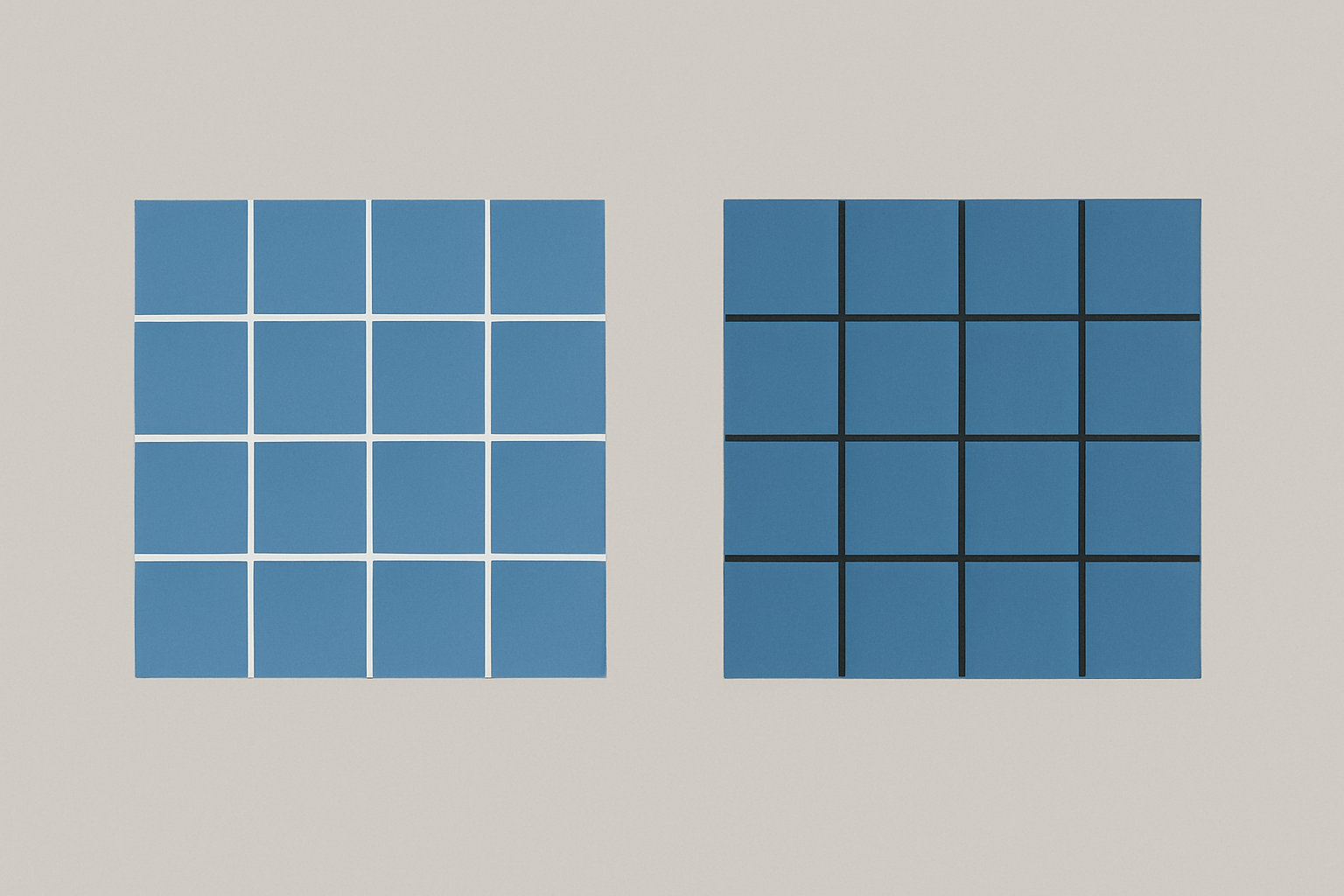Two grids of identical blue squares demonstrating the Bezold Effect: one separated by thin white lines appearing lighter, the other separated by thin black lines appearing deeper and more saturated
