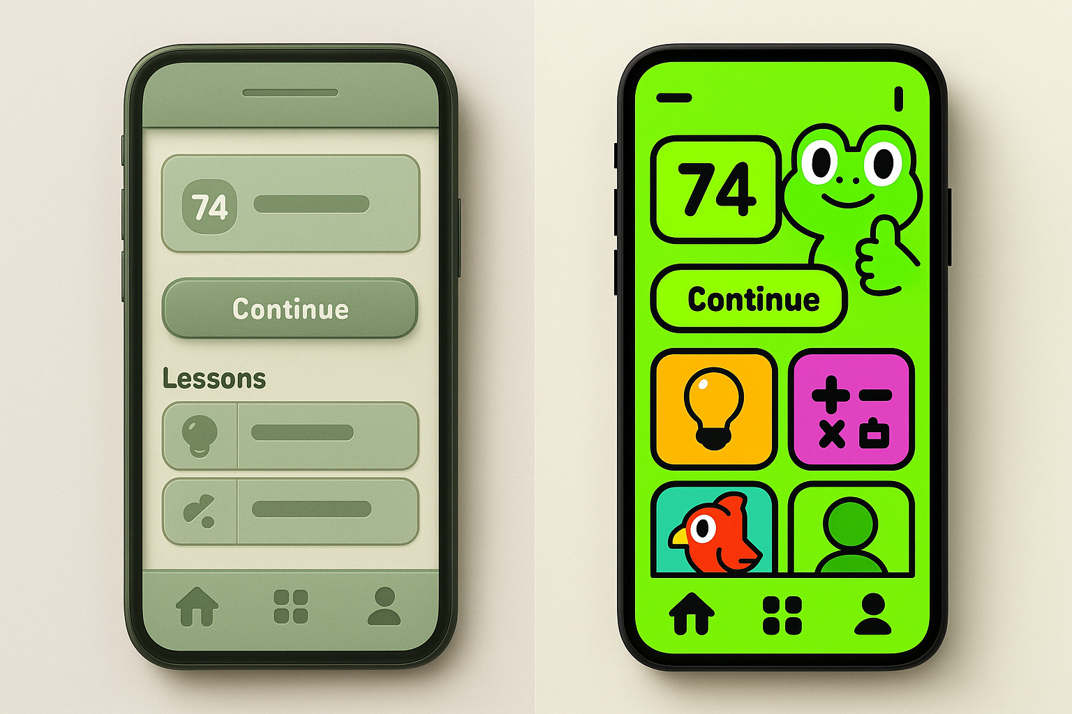 Side-by-side comparison of a muted 2013-era educational app interface versus a vibrant, hyper-saturated 2023 modern app interface showing the dramatic evolution in color saturation and visual energy.