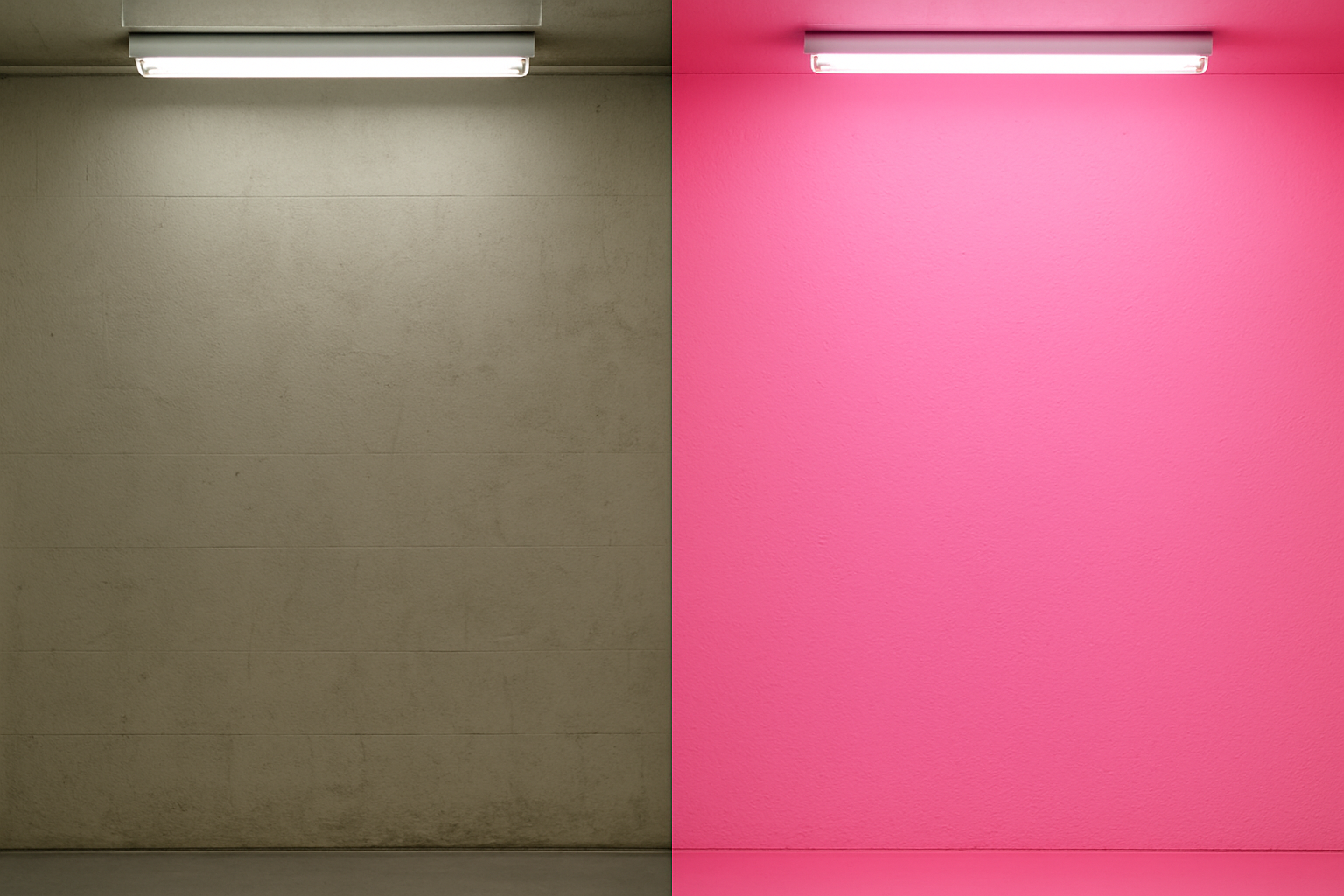 Side-by-side comparison of a standard institutional gray-beige wall and the same wall painted in Baker-Miller Pink, showing the stark visual contrast of the 1979 naval correctional facility experiment.