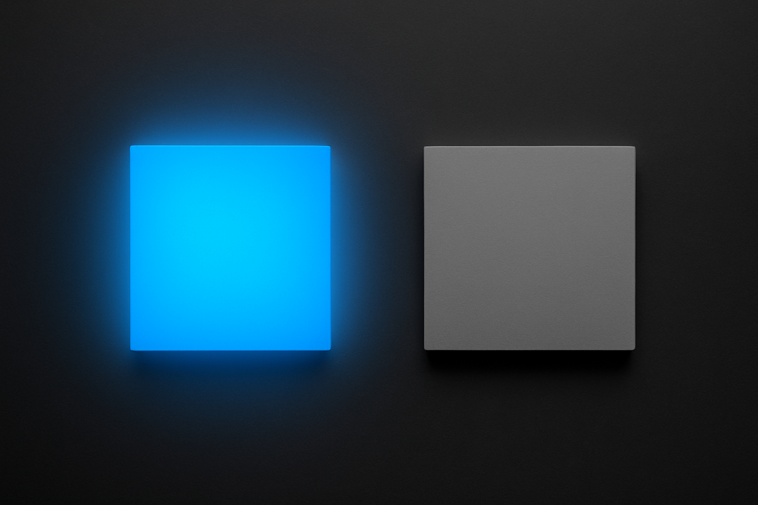 Side-by-side comparison of a saturated electric blue square and a neutral gray square at identical measured luminance, demonstrating how the blue appears noticeably brighter due to the Helmholtz-Kohlrausch effect.