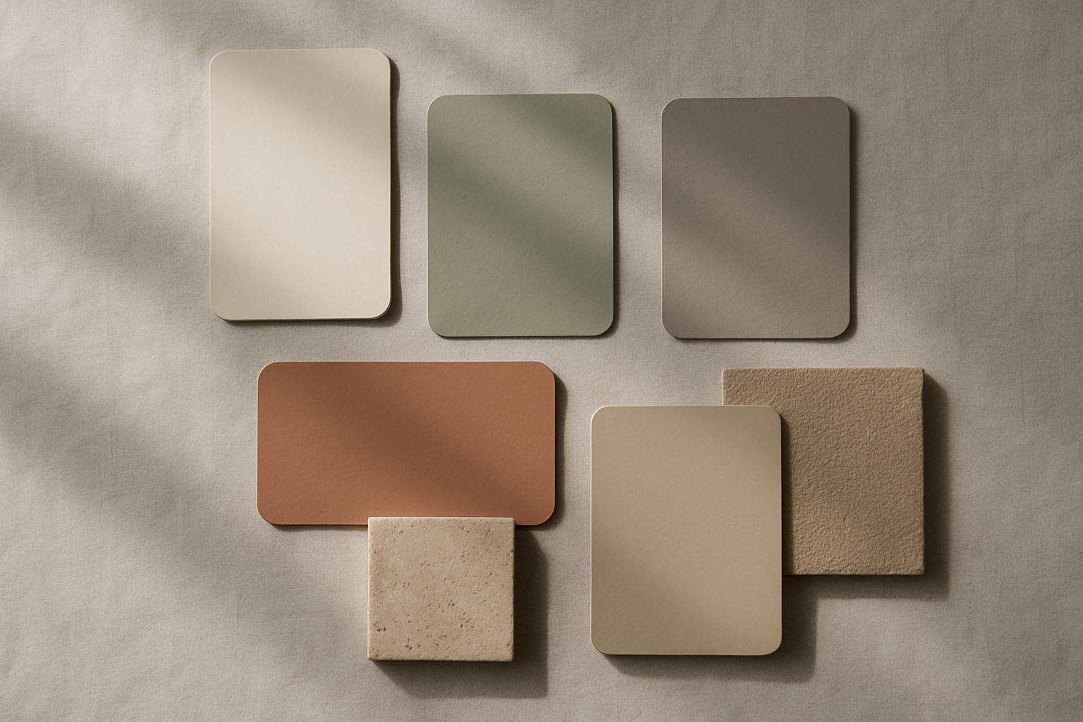 Flat lay of muted earth-tone color swatches in sage, terracotta, warm gray, and off-white arranged on a linen surface, representing the earthy minimalism design era