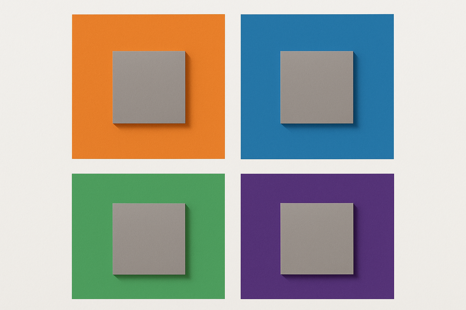 A neutral grey square appears to shift in hue when placed on four different colored backgrounds: orange, blue, green, and purple, demonstrating simultaneous chromatic contrast.
