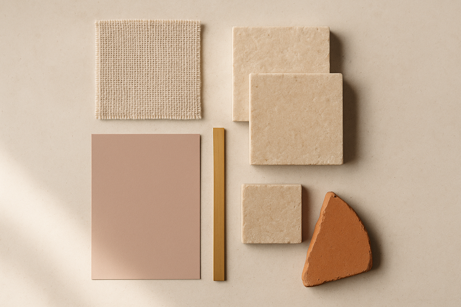 Flat-lay arrangement of warm neutral material samples including linen, sandstone, rose-gray paper, brass, and terracotta on a concrete surface