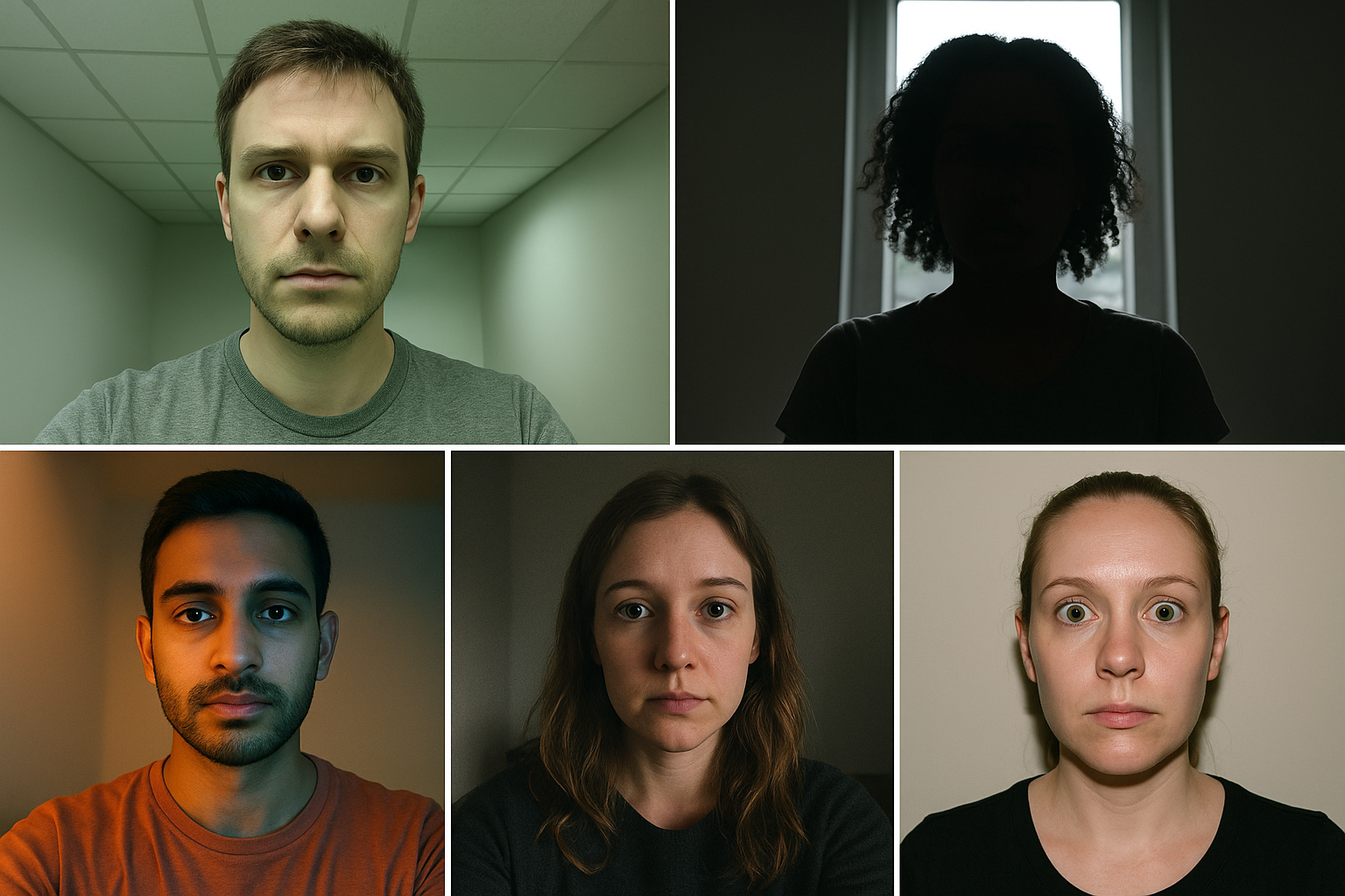 Grid showing five common bad lighting scenarios in selfies: harsh overhead fluorescents, backlit windows, dim room with noise, mixed color temperatures, and direct front flash