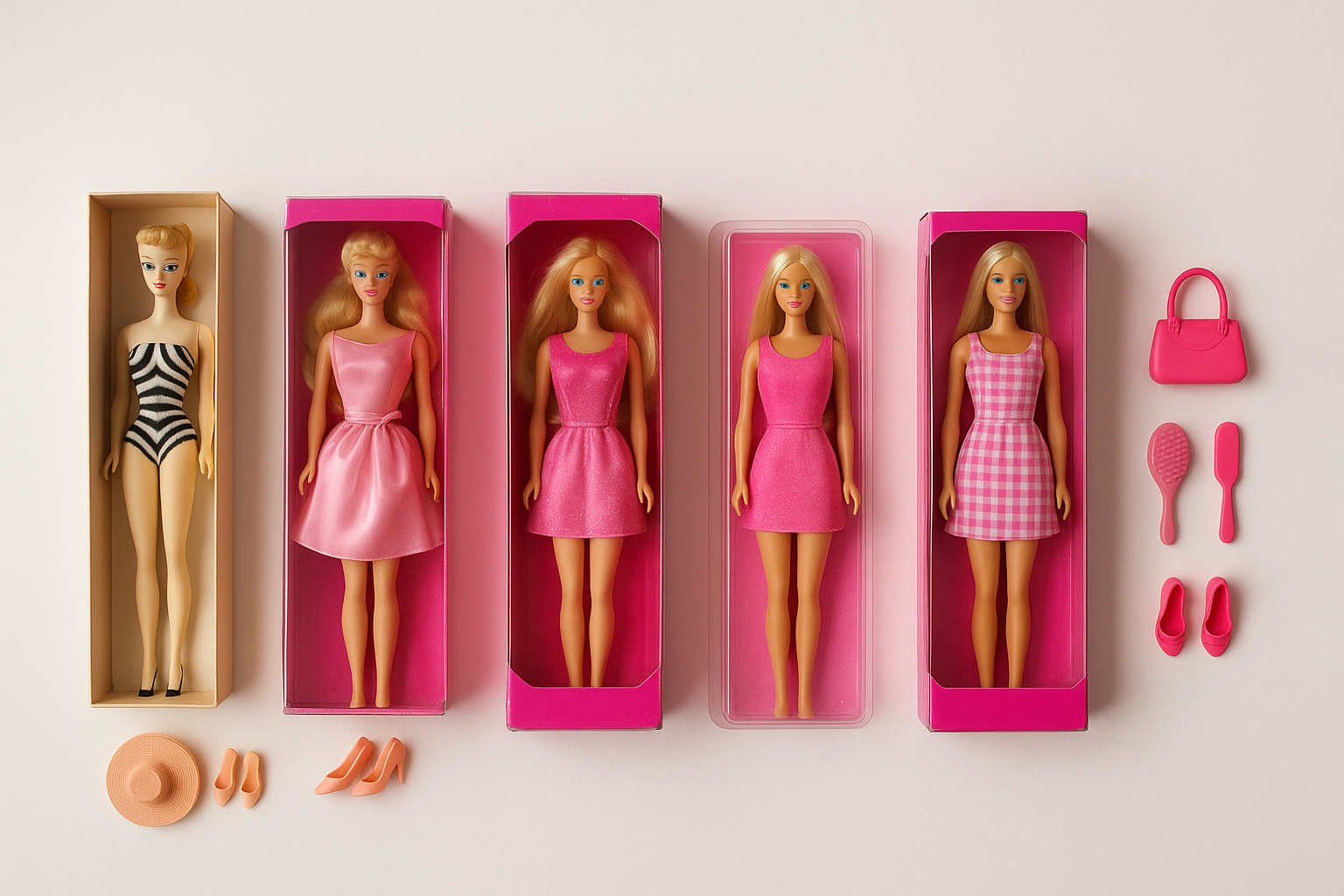 A flat lay arrangement showing the evolution of Barbie's signature pink across decades of packaging and product design, from soft pastels to saturated hot pink