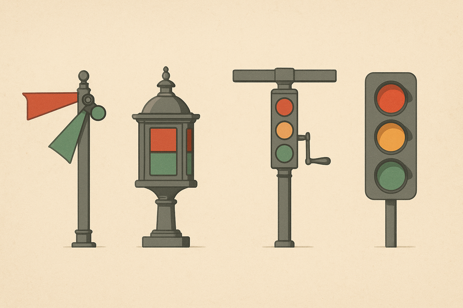 Visual timeline showing the evolution of traffic signals from Victorian-era railway semaphore arms to gas-lit lanterns to early mechanical traffic signals to modern LED traffic lights