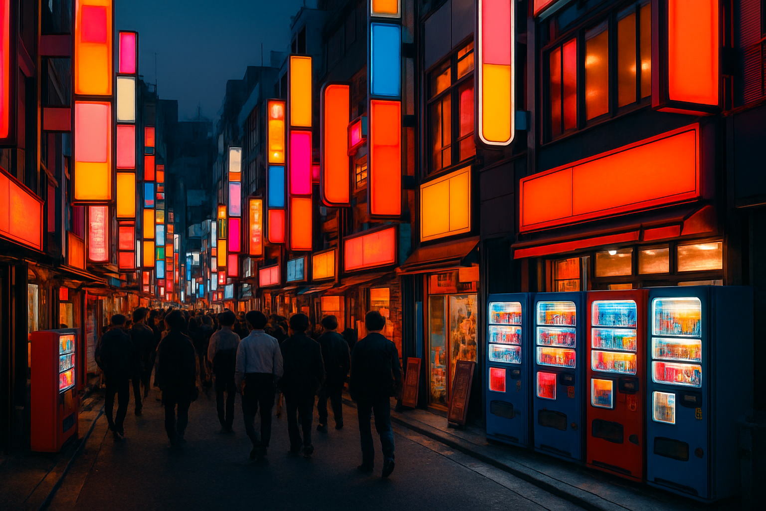 A densely packed Japanese commercial street at dusk showing layered illuminated signage, vending machines, and bright storefronts competing for visual attention among crowds of pedestrians
