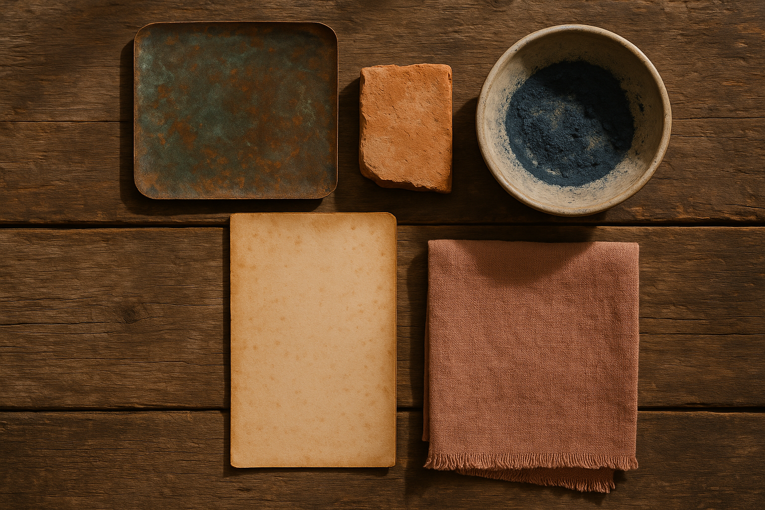Flat-lay arrangement of aged physical materials including oxidized copper, sun-bleached terracotta, yellowed paper, indigo pigment, and dusty rose linen, representing the real-world sources of digital patina color inspiration.