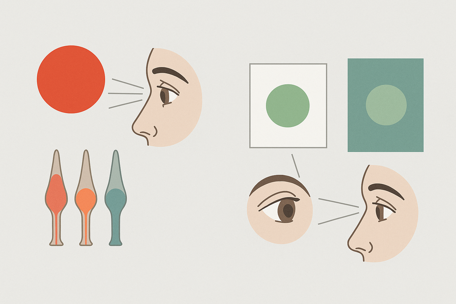 Scientific illustration showing how staring at red fatigues cone cells, producing a green afterimage visible on white surfaces but invisible on teal surfaces