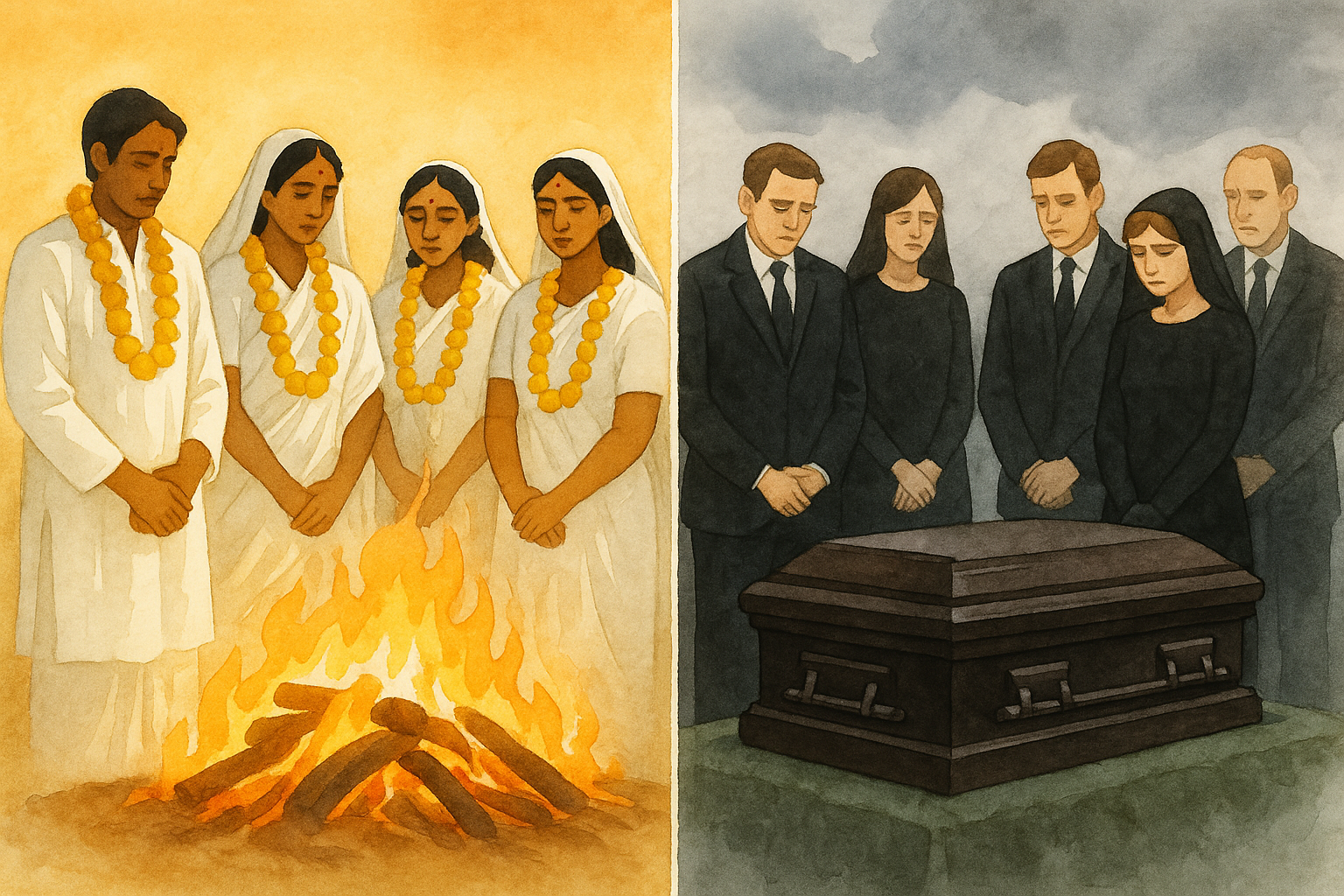 Side-by-side watercolor illustration comparing a Hindu funeral ceremony in white and gold with a Western funeral scene in black, highlighting the stark visual and emotional contrast between mourning traditions.