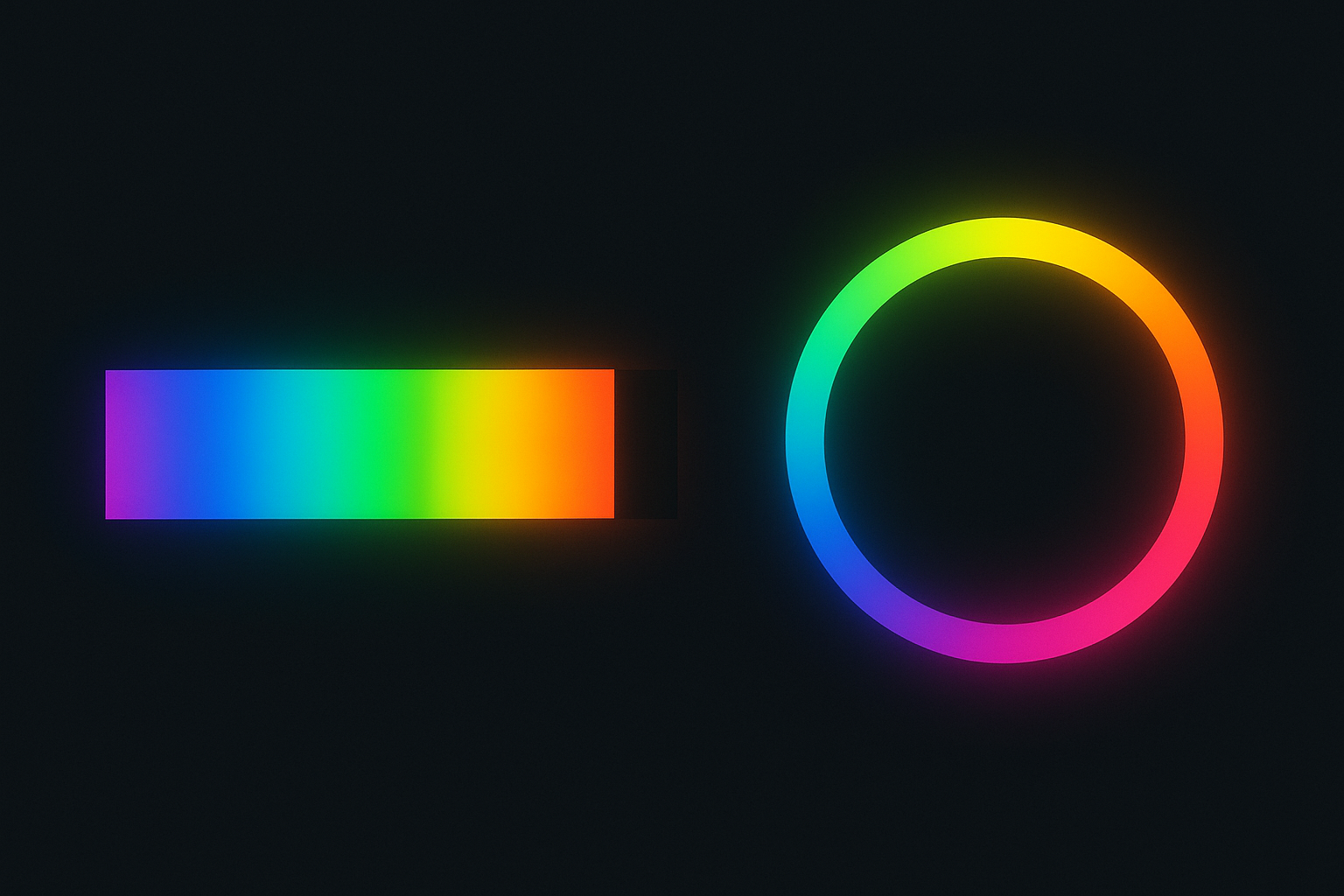 Diagram contrasting the linear visible light spectrum, which has no magenta, with Newton's circular color wheel where magenta bridges the gap between red and violet