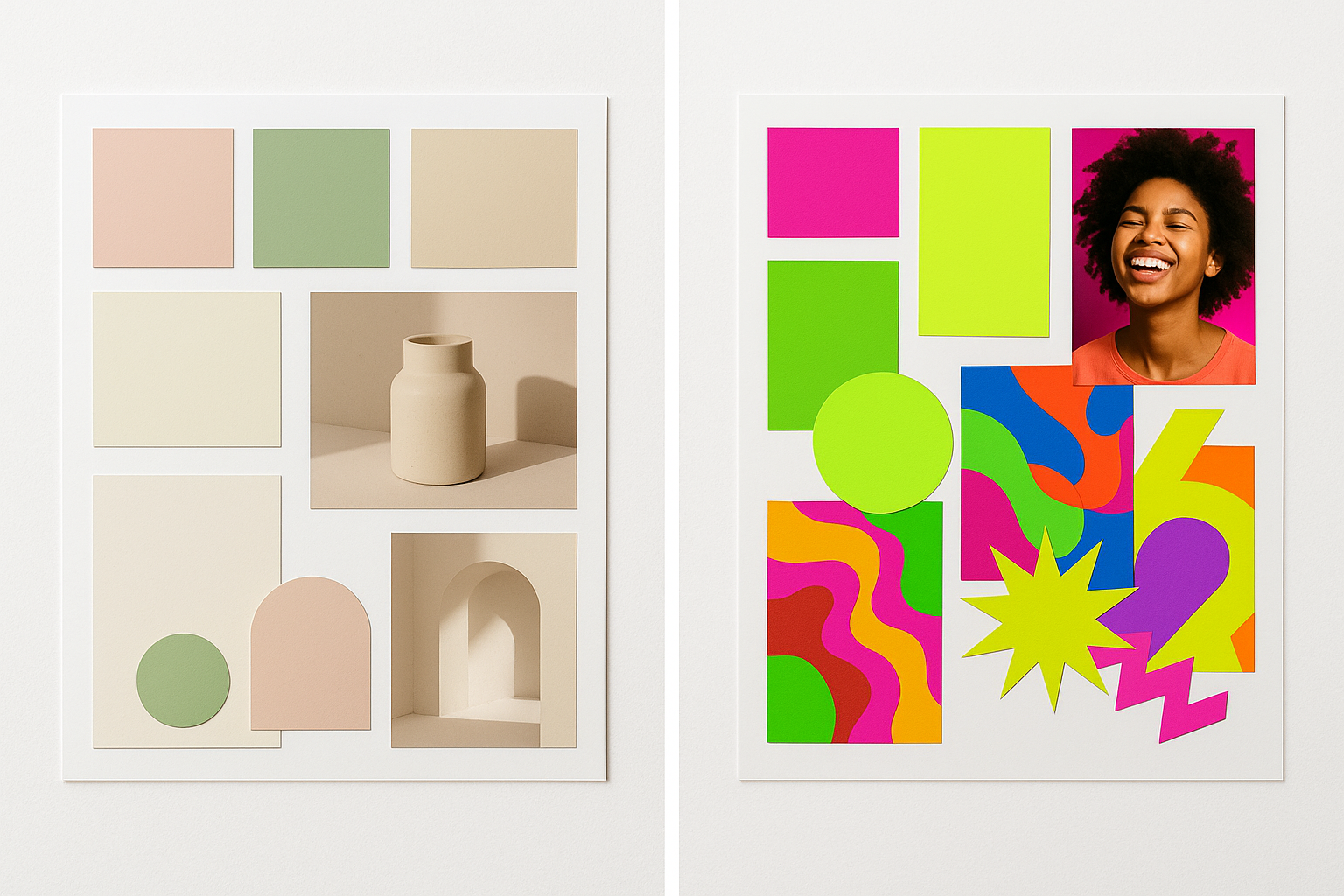 Side-by-side comparison of a muted millennial-era DTC brand color palette on the left and a bold, clashing Gen Z brand palette on the right, showing the dramatic shift in branding aesthetics.