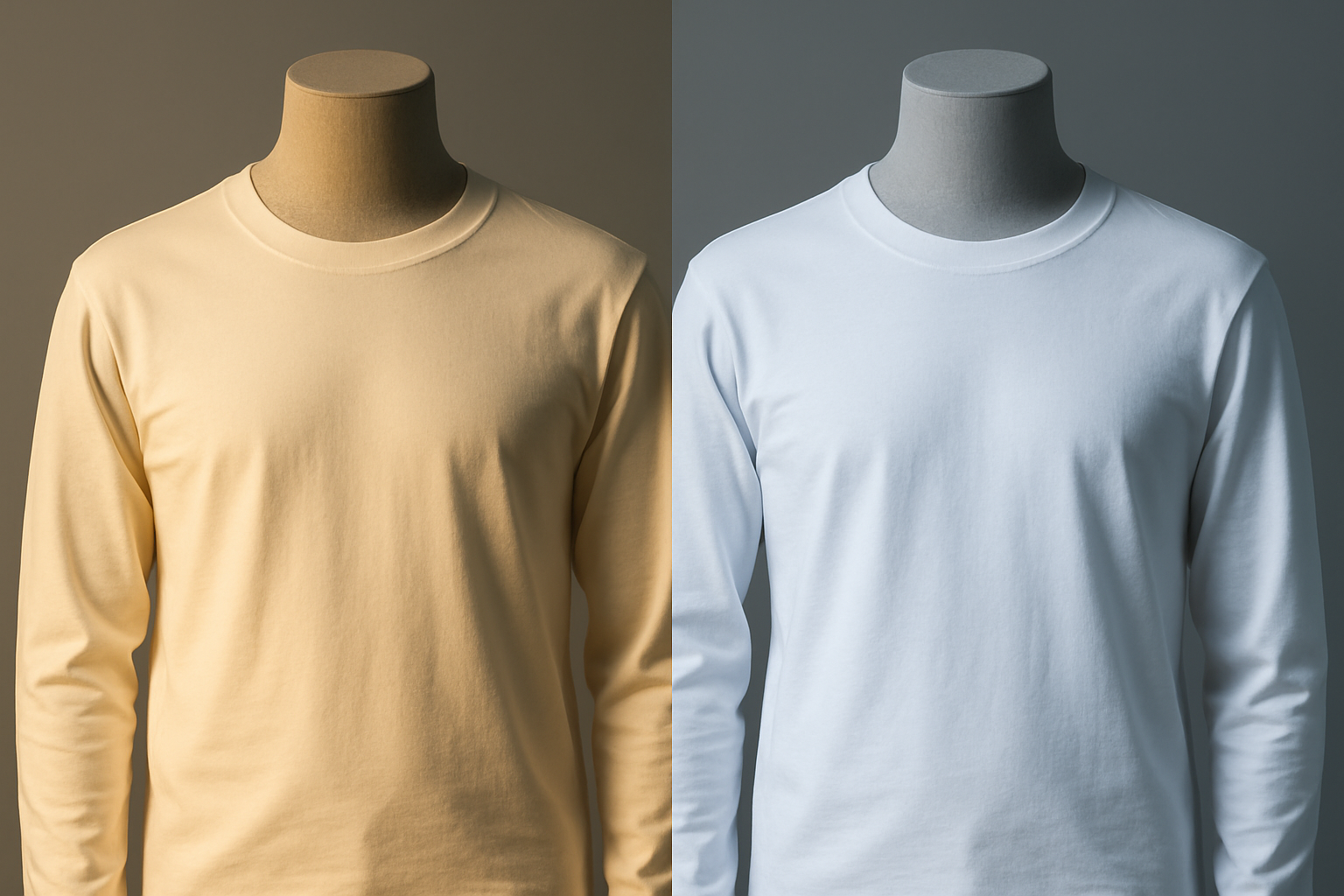 Side-by-side comparison of the same white shirt under warm tungsten light (appearing golden-cream) and cool fluorescent light (appearing blue-violet), demonstrating how different light sources shift perceived color.