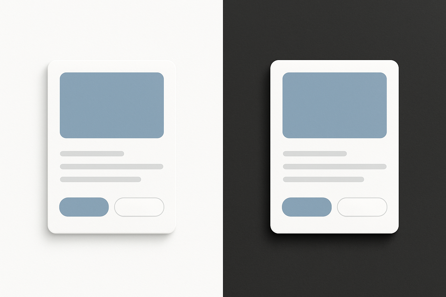 Side-by-side comparison of an identical UI card mockup displayed on a white canvas versus a charcoal canvas, demonstrating how the same design reads differently depending on its surrounding environment.