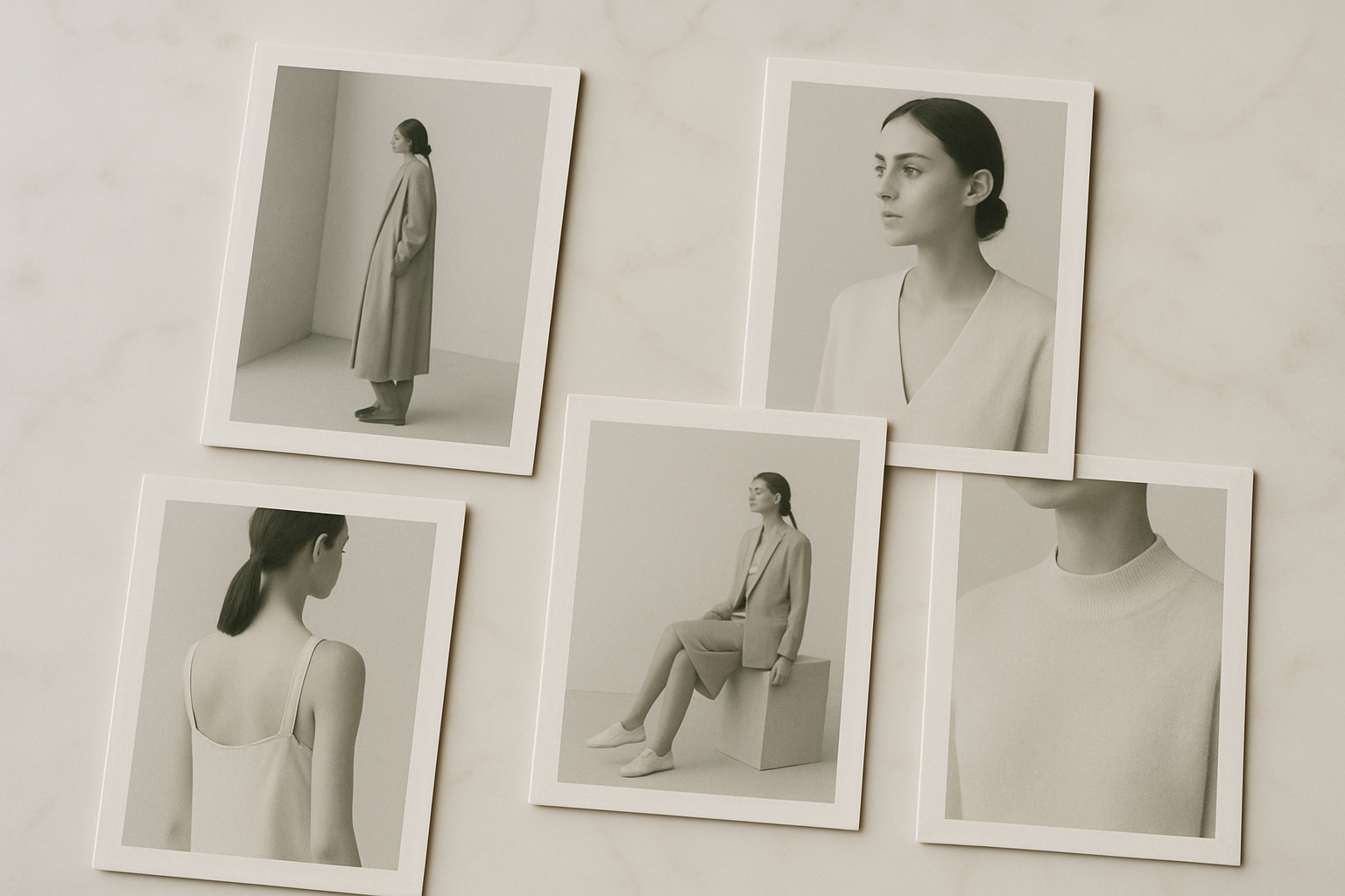 Five desaturated luxury fashion campaign cards arranged on marble, all in nearly identical gray and cream tones, illustrating the monochrome convergence in high-end branding.