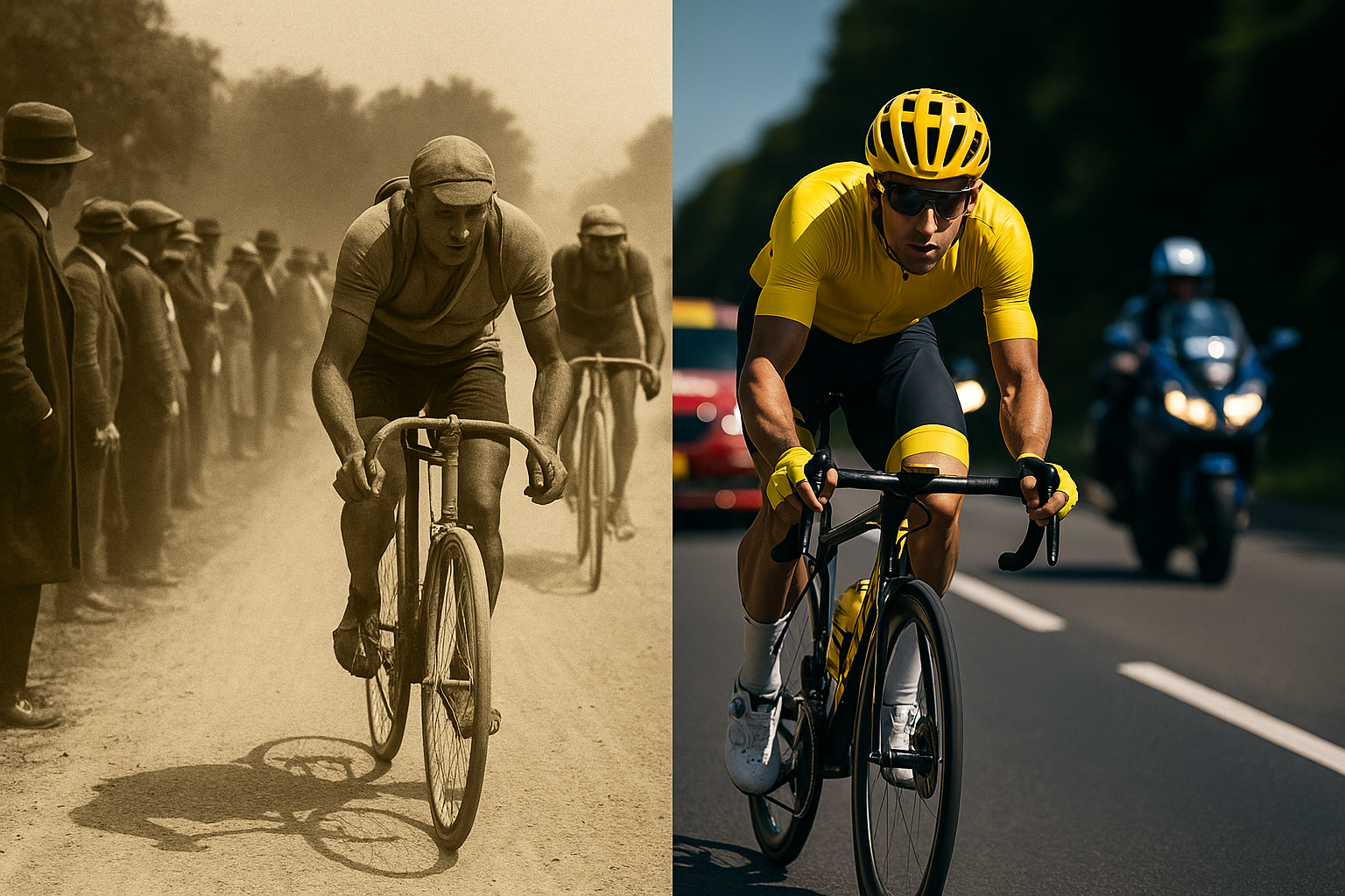 Side-by-side visual comparison of early 1900s Tour de France cycling with vintage sepia tones and a modern professional cyclist wearing a bright contemporary yellow jersey, showing the dramatic evolution of the maillot jaune over a century