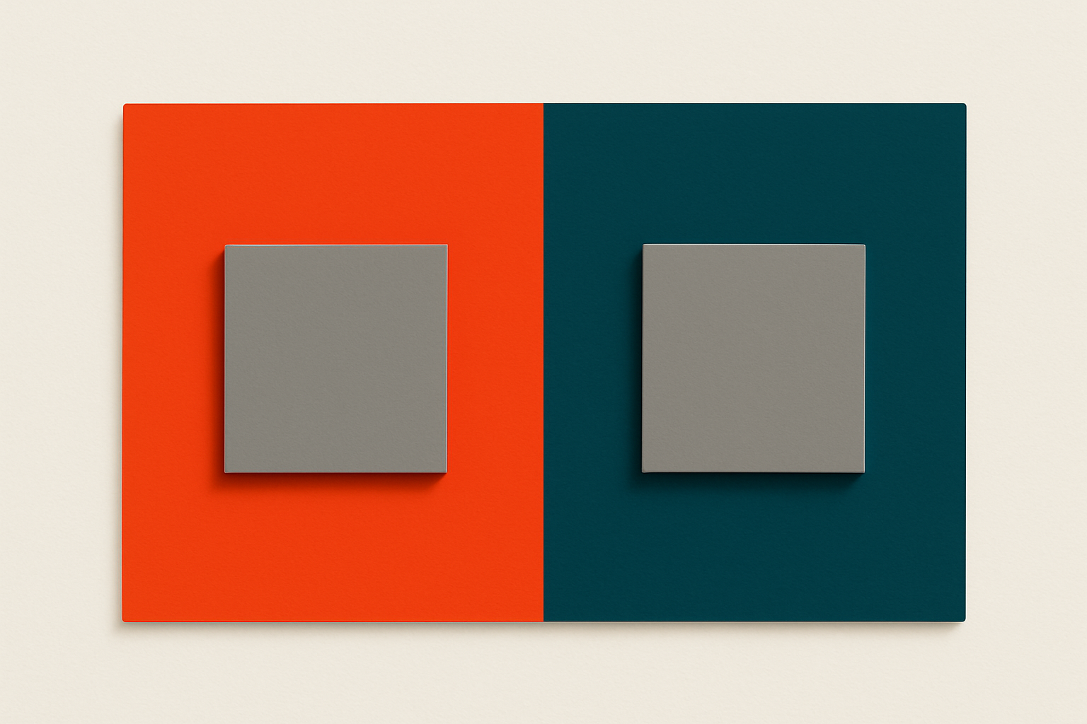 Two identical gray squares on different colored backgrounds demonstrating simultaneous contrast: the gray appears to shift hue depending on whether it sits on a warm orange or cool blue surround.