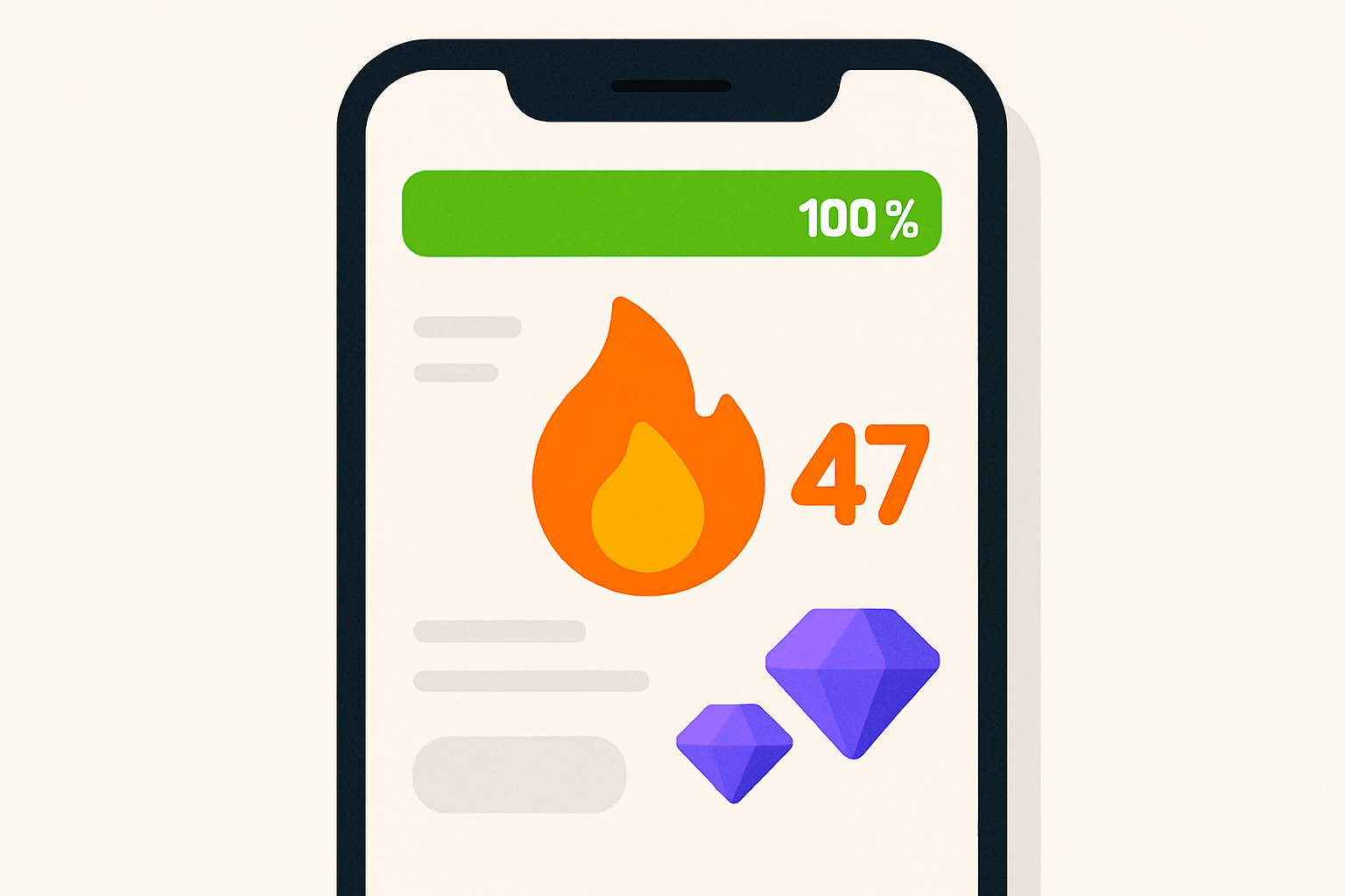 Illustrated mobile screen showing a lesson completion interface with a green progress bar, orange streak flame, and purple gem counter demonstrating Duolingo's three-color behavioral system