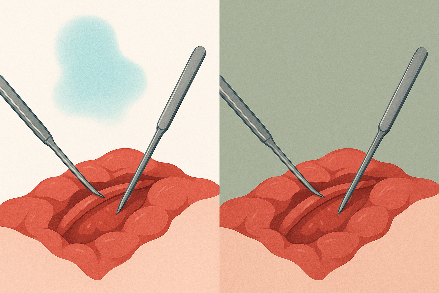 Side-by-side illustration comparing a red surgical field against a white background showing a cyan afterimage ghost versus the same field against sage green where the afterimage is neutralized