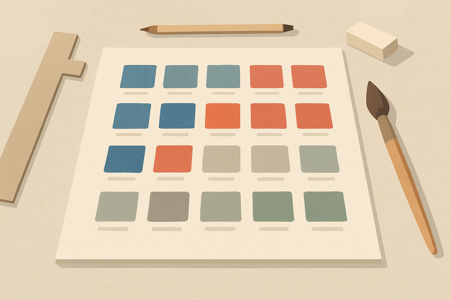 Illustration of a static color style guide with rows of flat color swatches arranged in a grid, representing the traditional approach to documenting design system colors