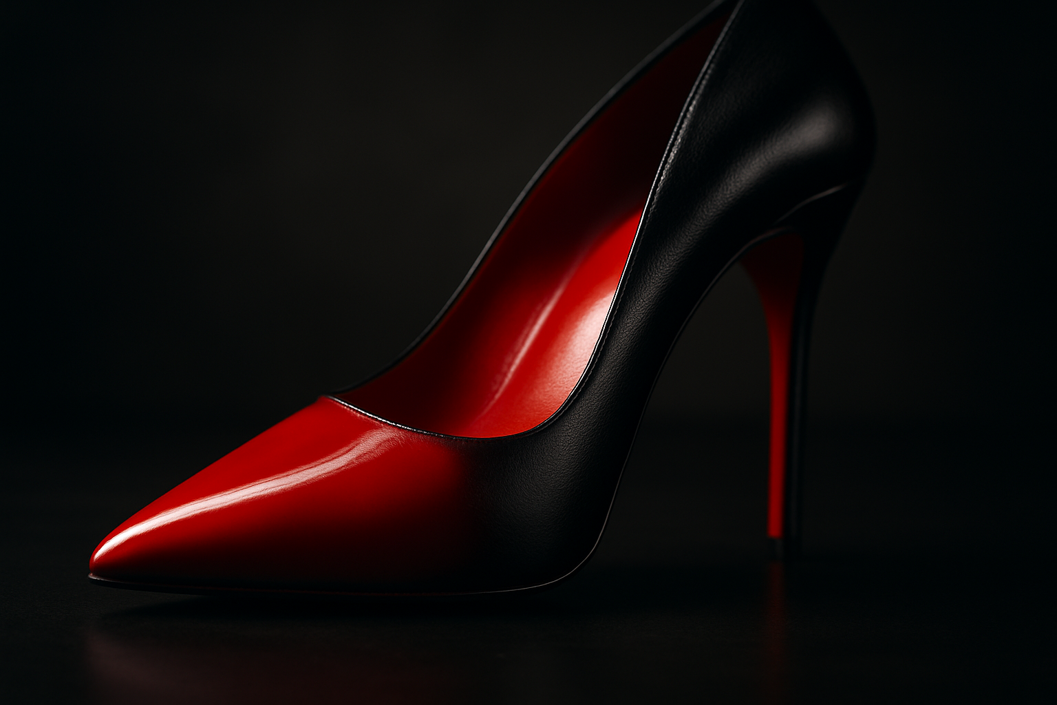 Close-up of a high-heeled pump showing a vivid red lacquered sole contrasting against a black leather upper, illustrating the signature color trademark at the center of landmark fashion lawsuits.