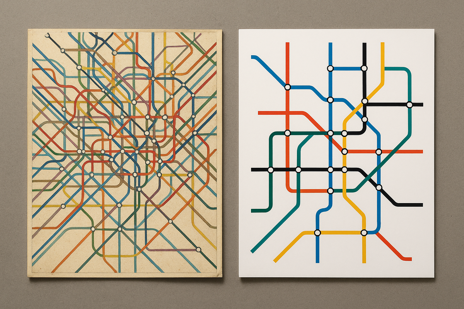 Side-by-side comparison of a cluttered 1960s New York subway map and a clean modernist diagrammatic map showing the shift to systematic color coding