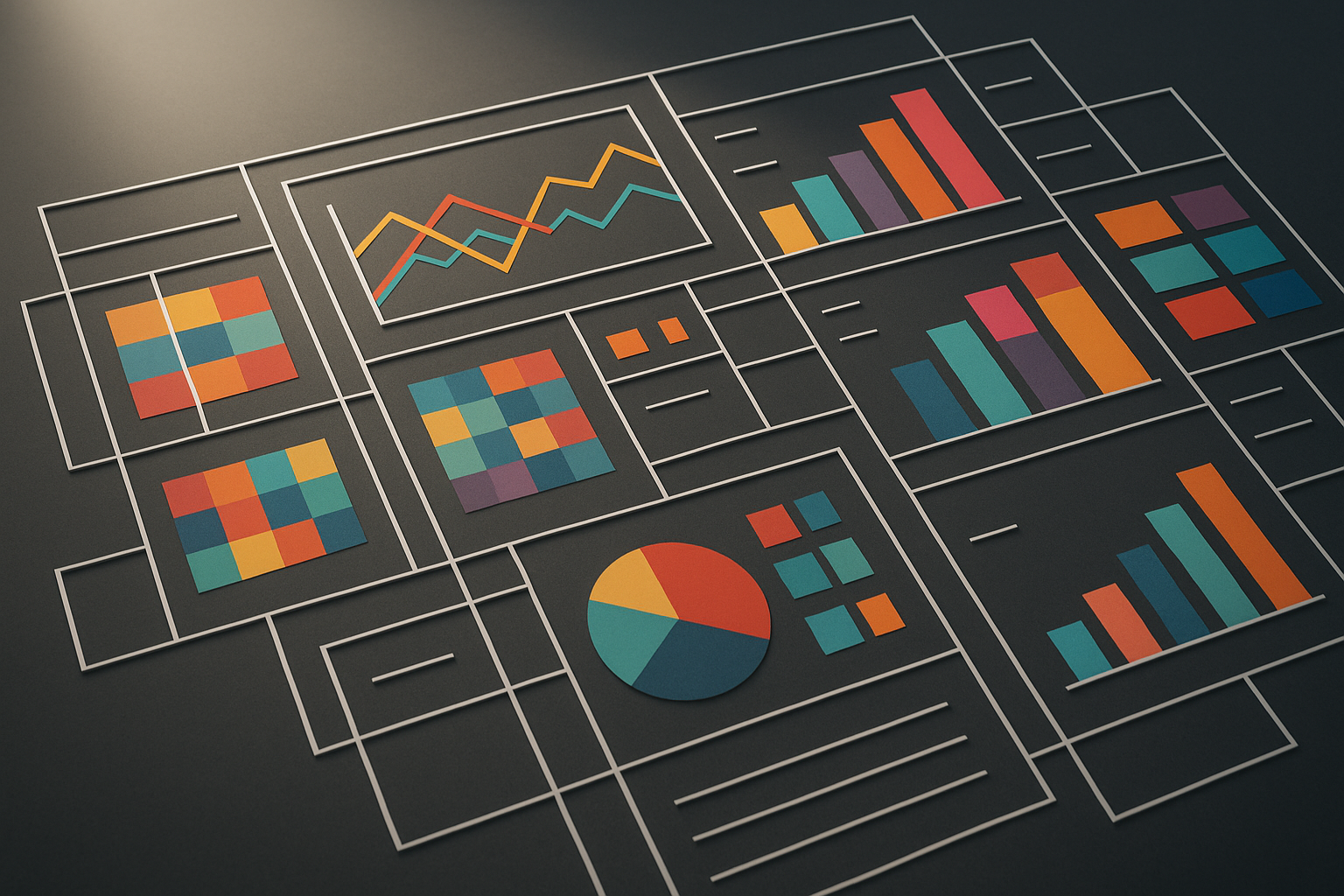 Overhead view of a complex dashboard wireframe with numerous colorful chart elements demonstrating the challenge of managing many data colors on a single screen