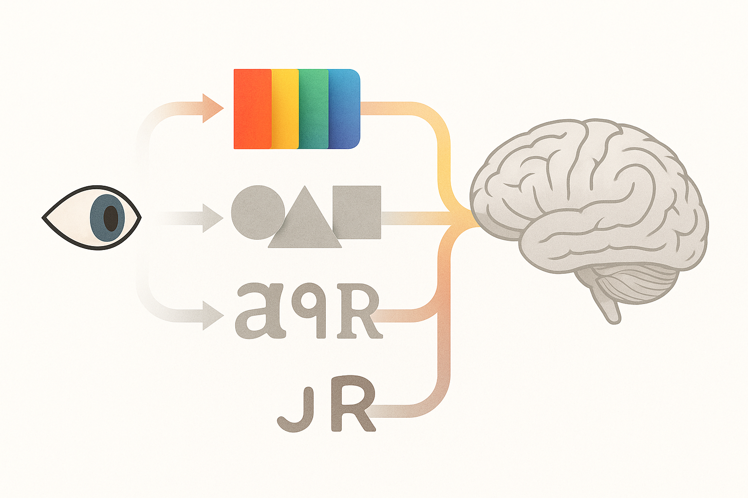 Diagram illustrating the brain's visual processing hierarchy, showing color being processed before shape and text in sequence after light enters the eye