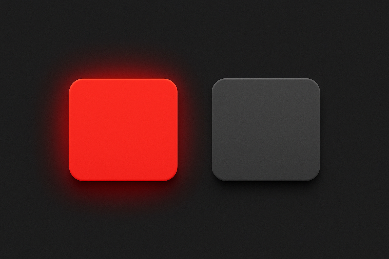 Side-by-side comparison of a saturated red button and an equiluminant gray button on a dark background, demonstrating how the red appears to glow while the gray stays flat despite identical measured luminance.