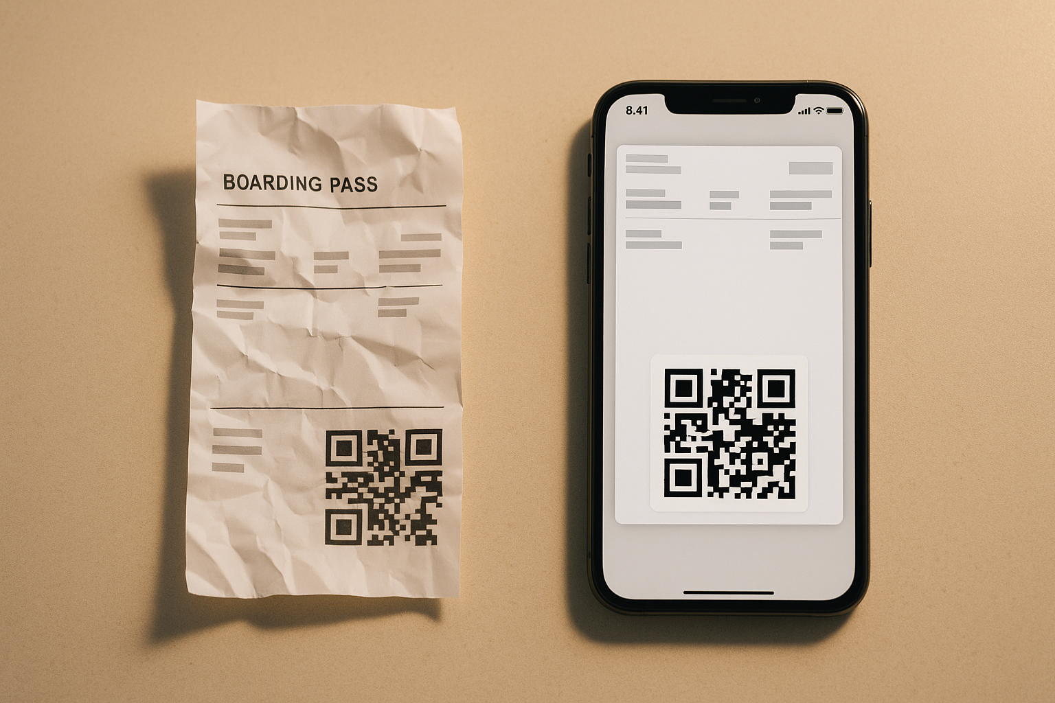 Side-by-side comparison of a traditional thermal paper boarding pass and a modern Apple Wallet boarding pass displayed on an iPhone, showing the visual equivalence of information fields for gate agent verification