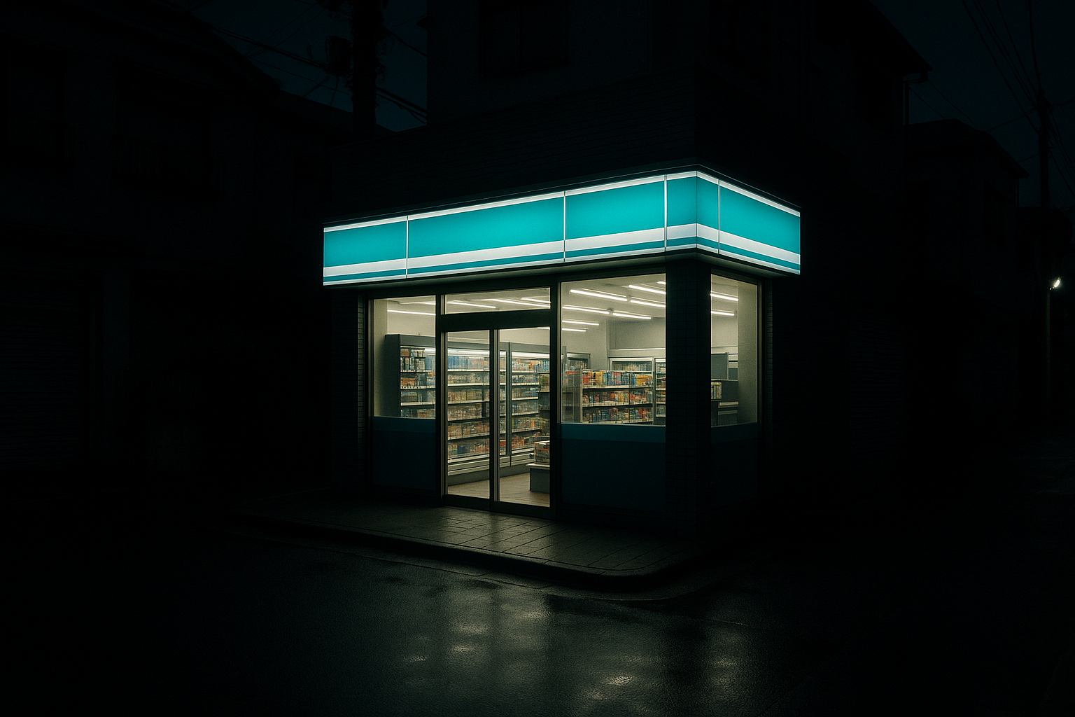 A brightly lit Japanese convenience store glowing on a dark, quiet residential street at night, with colorful light spilling onto the sidewalk while surrounding buildings remain dark and shuttered.