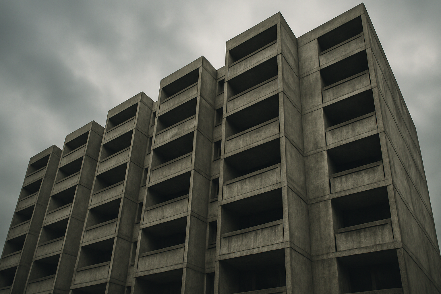 A weathered Brutalist concrete housing estate photographed from below, showing repetitive geometric balconies against an overcast sky