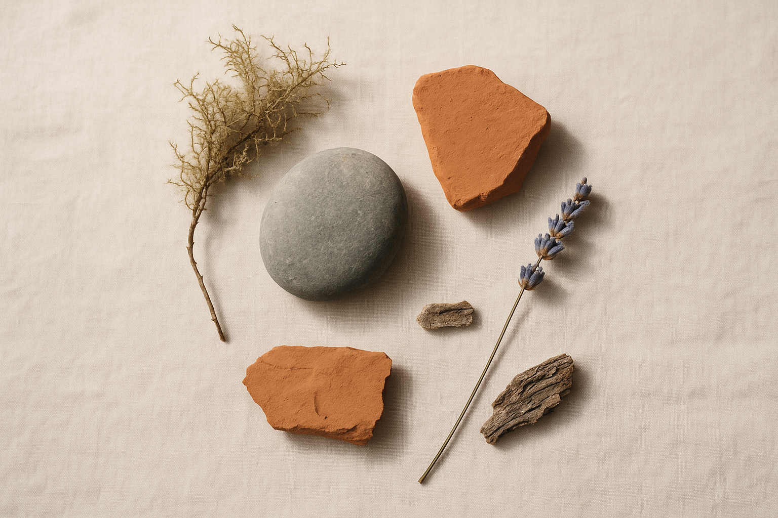 Flat-lay arrangement of natural materials including moss, river stone, terracotta clay, lavender, and bark on a linen surface, representing the organic source materials of biophilic color palettes