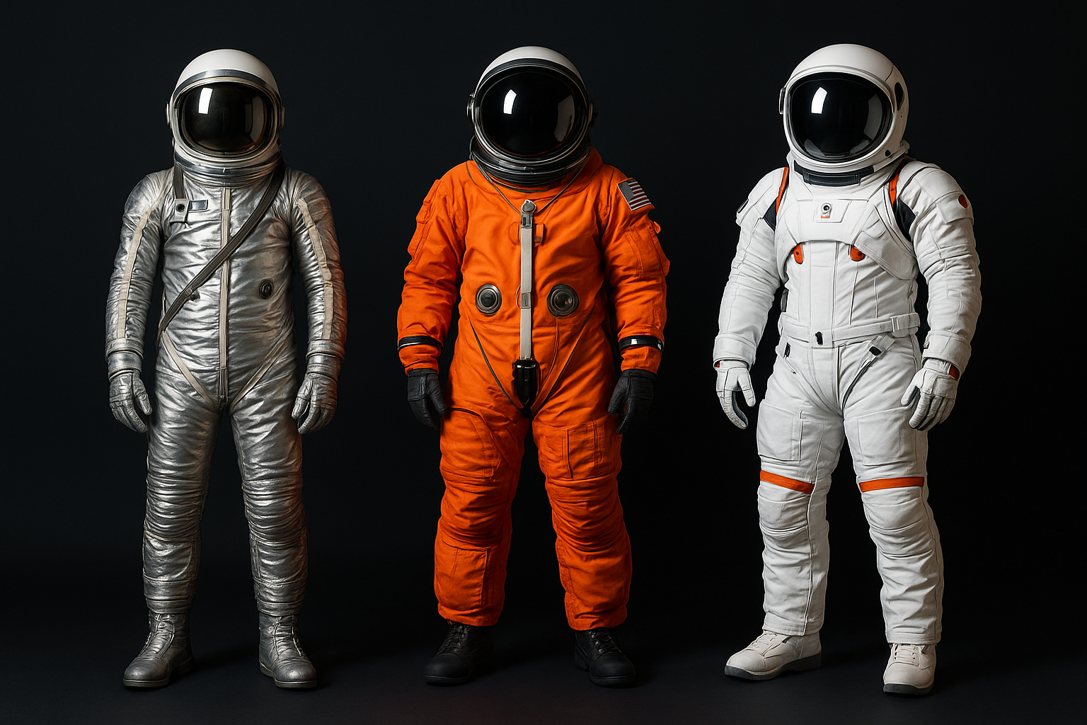 Three NASA spacesuits shown side by side representing different eras: a silver Mercury suit, an orange Shuttle-era launch entry suit, and a modern white Artemis Orion suit, illustrating the evolution of spacesuit color philosophy.