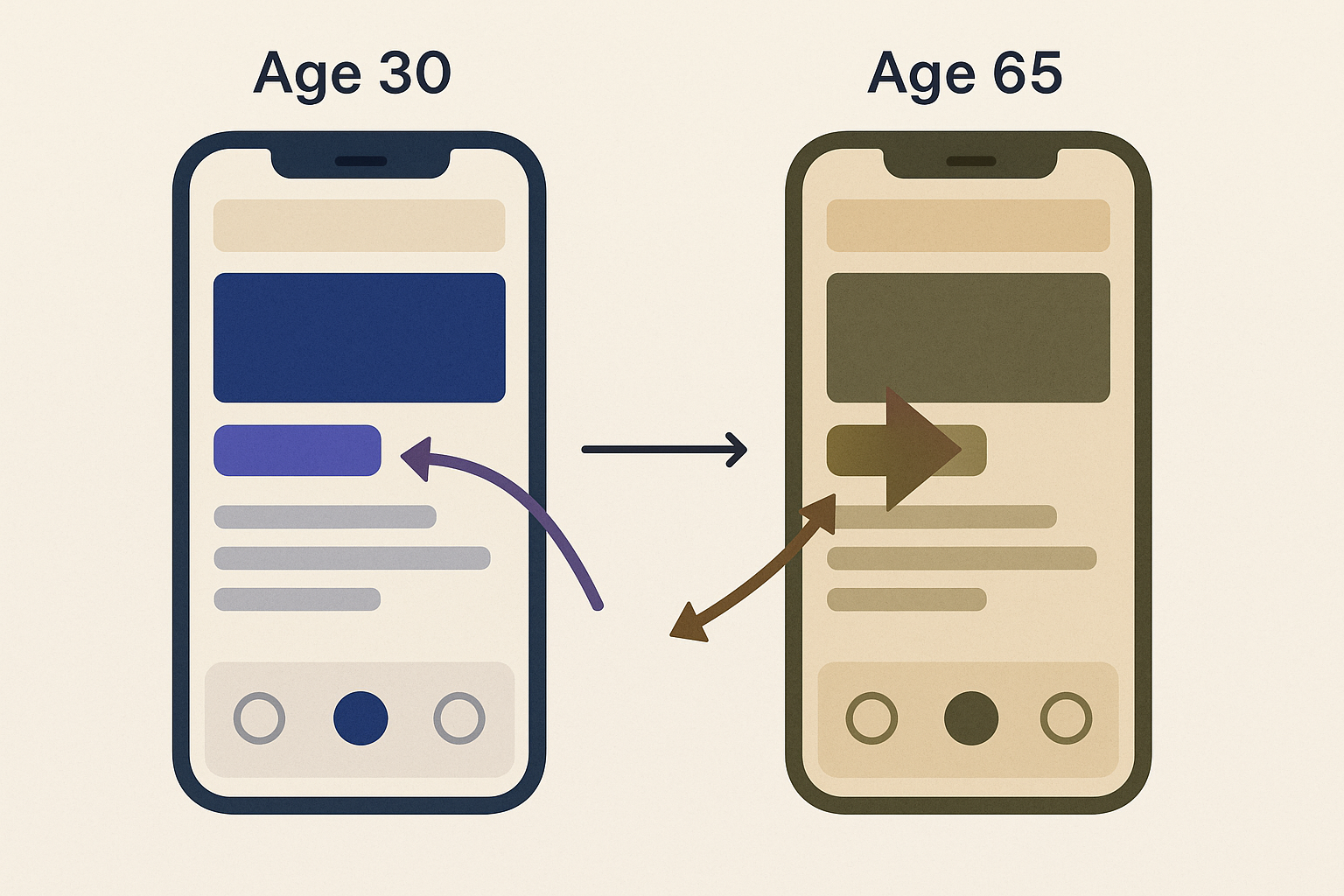 Side-by-side comparison showing how a cool-toned UI palette appears to a 30-year-old eye versus a 65-year-old eye with lens yellowing, demonstrating the warm color shift and loss of blue-violet distinction