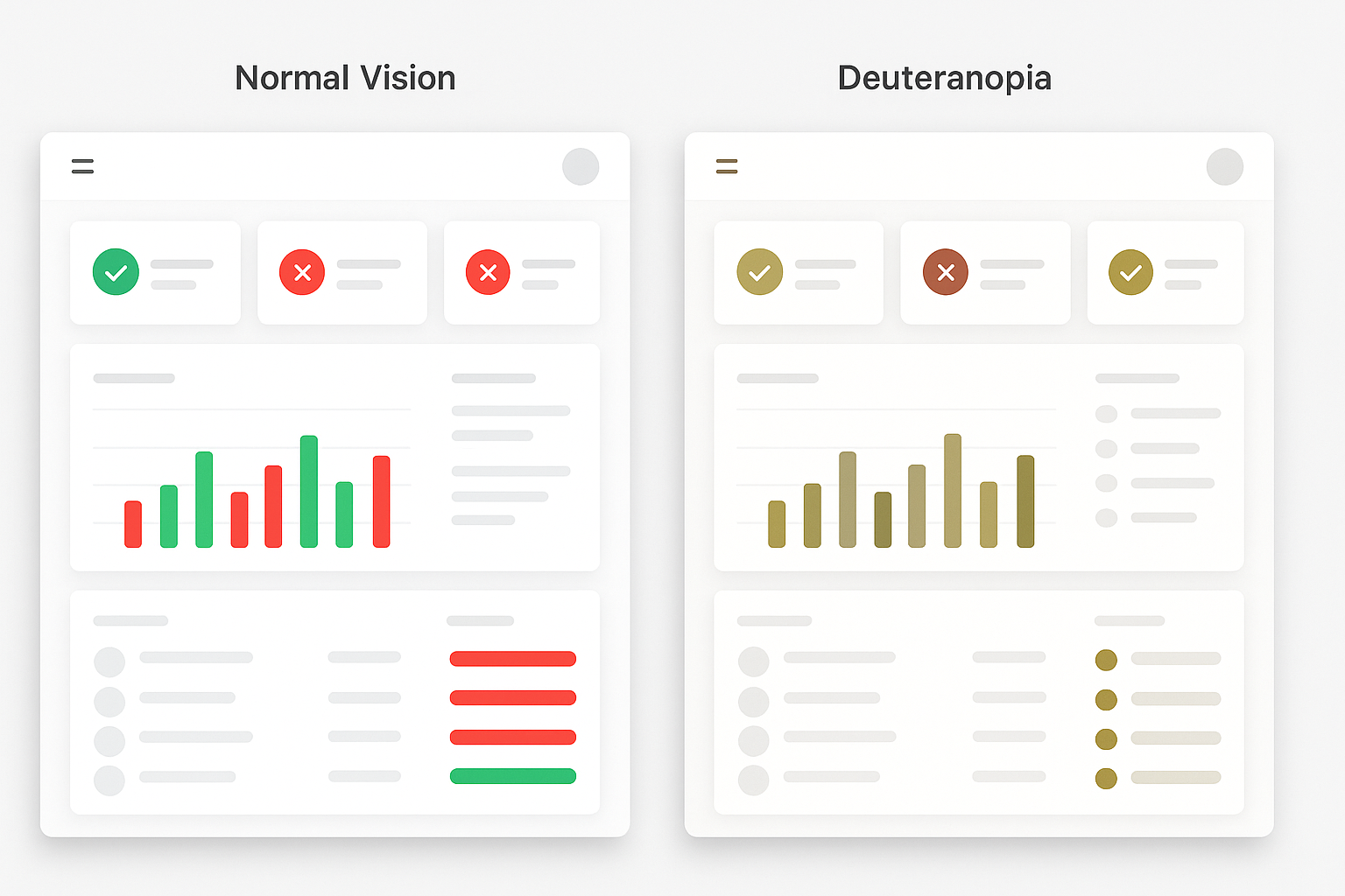 Side-by-side comparison of a SaaS dashboard in normal vision versus deuteranopia simulation, showing how red and green UI elements become nearly indistinguishable under red-green color vision deficiency.