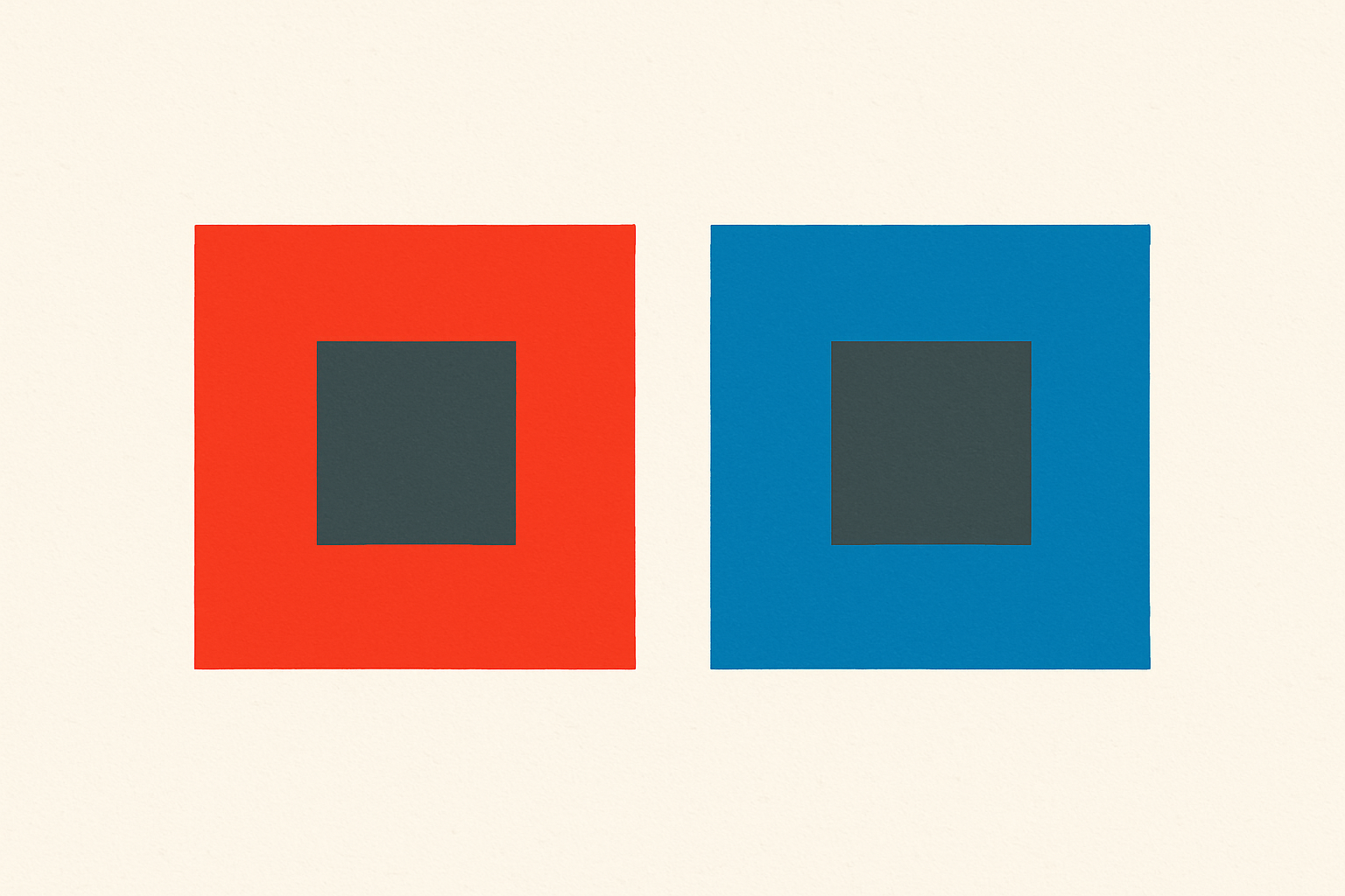 Illustration demonstrating the Albers simultaneous contrast effect: two identical gray squares appear different colors when placed on red versus blue backgrounds