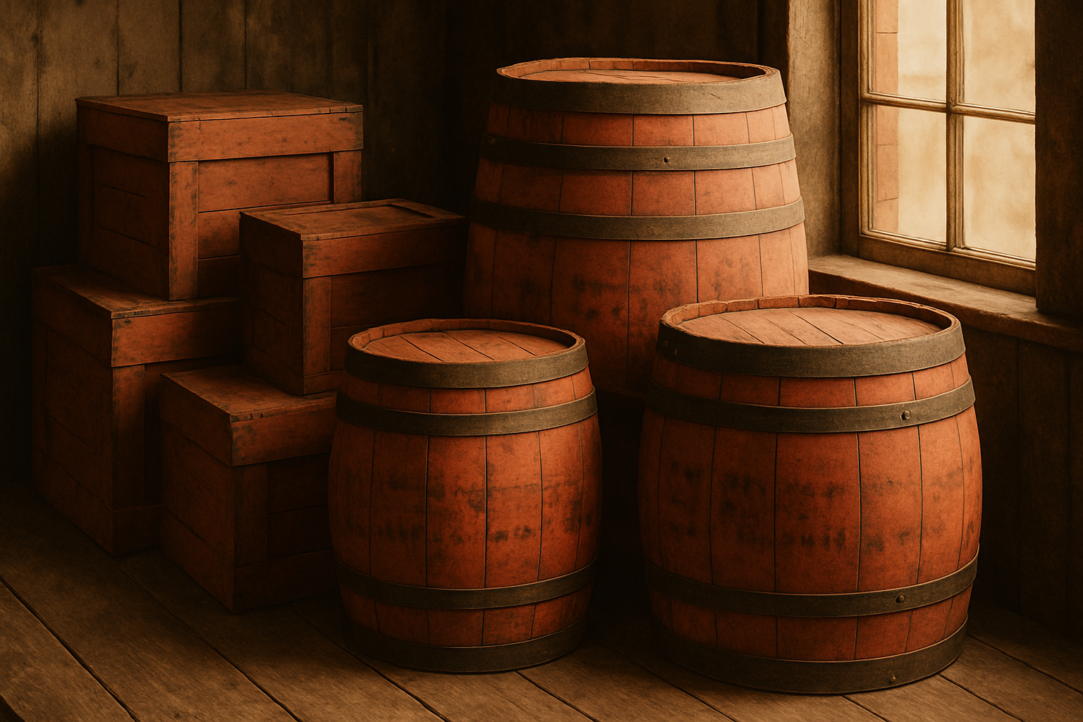 Weathered red-painted wooden shipping barrels and crates on a vintage loading dock, illustrating the utilitarian origins of the red color used to mark non-alcoholic shipments in the late 1800s