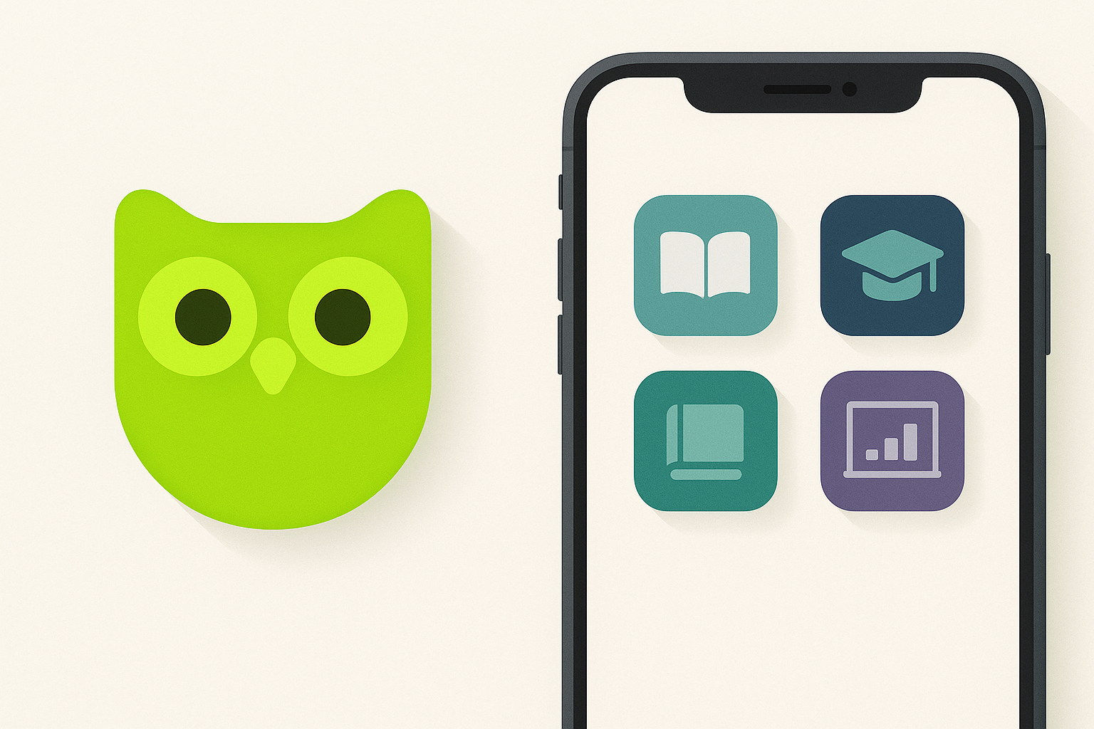 A smartphone home screen mockup showing a bright neon green app icon standing out dramatically against a row of muted blue, teal, navy, and purple educational app icons