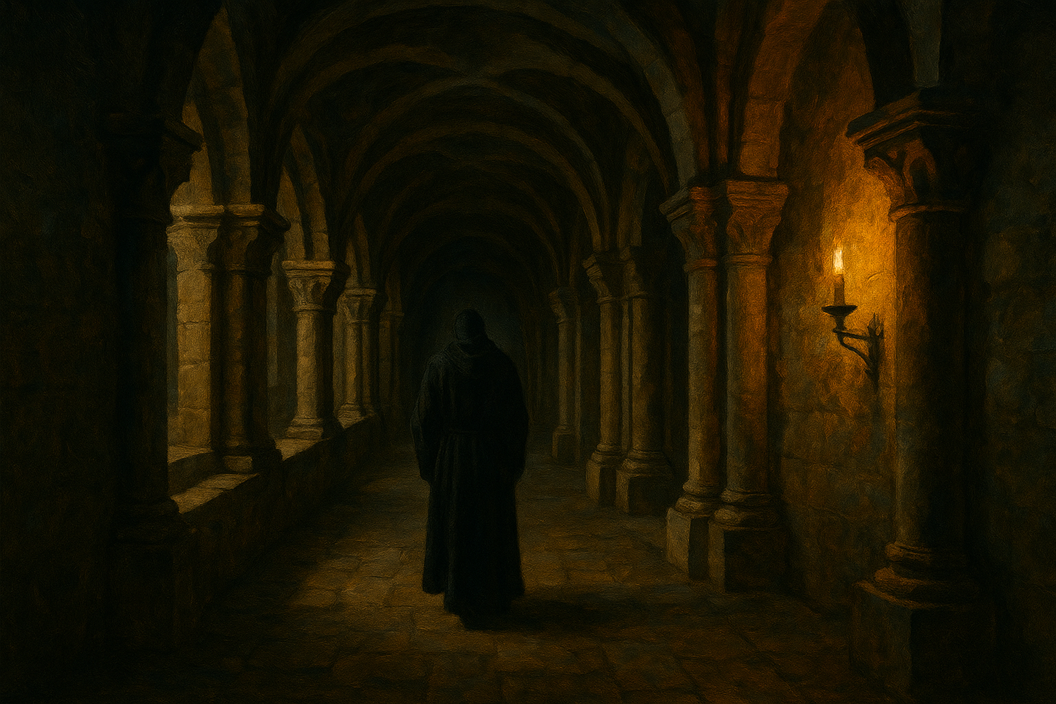 A Benedictine monk in a black habit walking through a medieval stone monastery corridor lit by candlelight