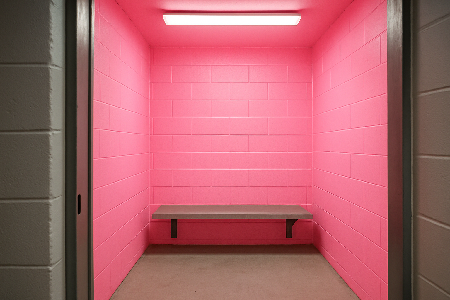 A sparse prison holding cell with walls painted bright bubblegum pink, containing only a metal bench under fluorescent lighting, creating a surreal contrast between the cheerful color and the austere institutional setting
