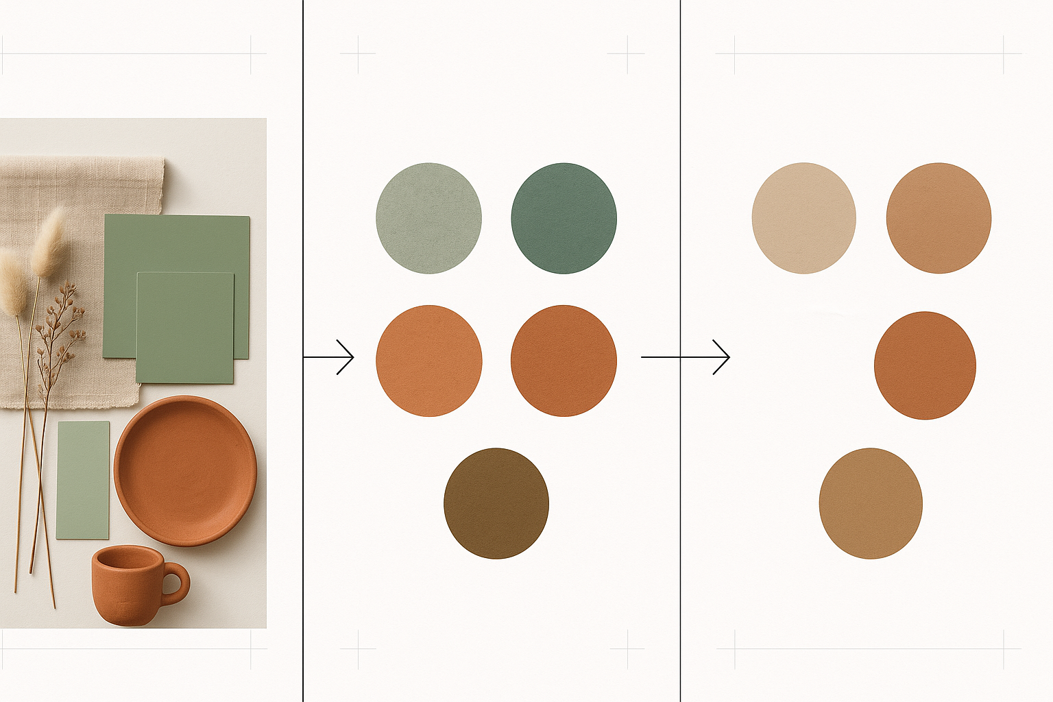 Three-panel comparison showing an interior mood board on the left, raw sampled color swatches in the center, and warmth-shifted screen-ready swatches on the right, illustrating the color adjustment process.