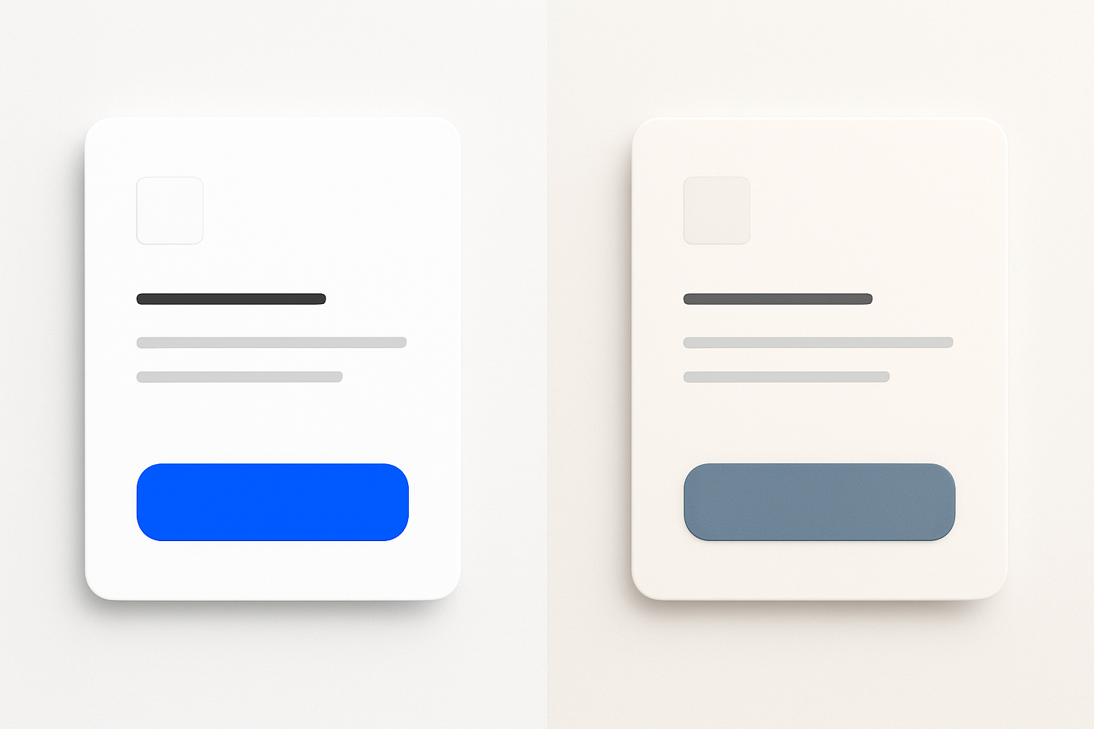 Side-by-side comparison of two UI card components: one with pure saturated colors appearing harsh, the other with muted dirty colors appearing premium and sophisticated.