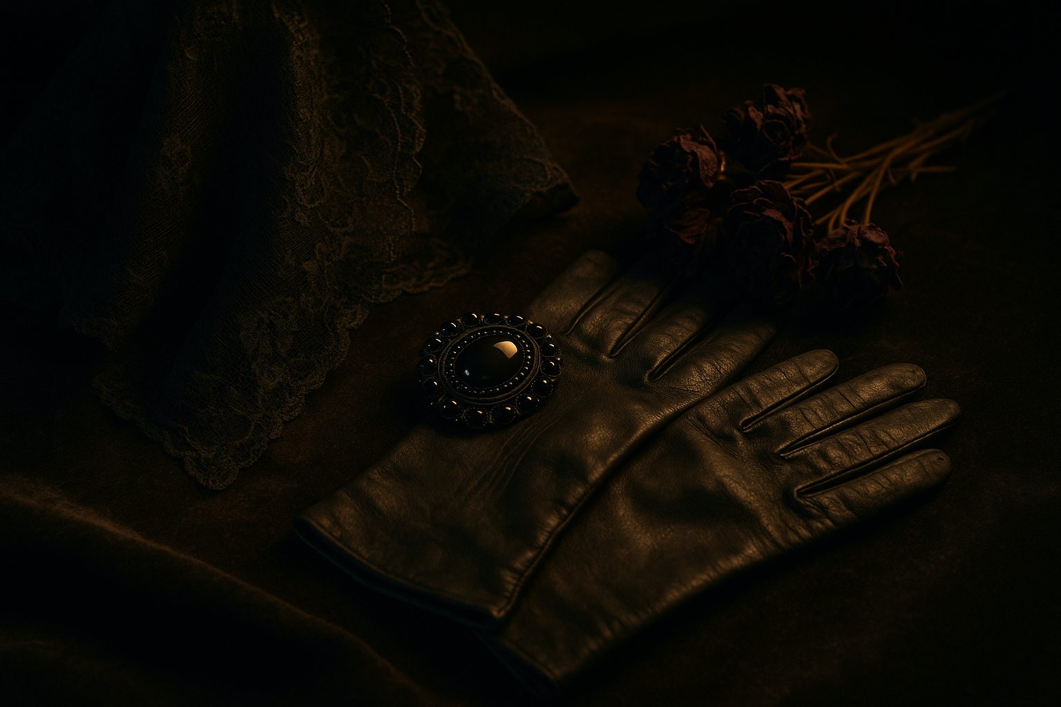 A still life arrangement of Victorian-era mourning objects including black lace, jet jewelry, and dried flowers on dark velvet, lit dramatically by candlelight