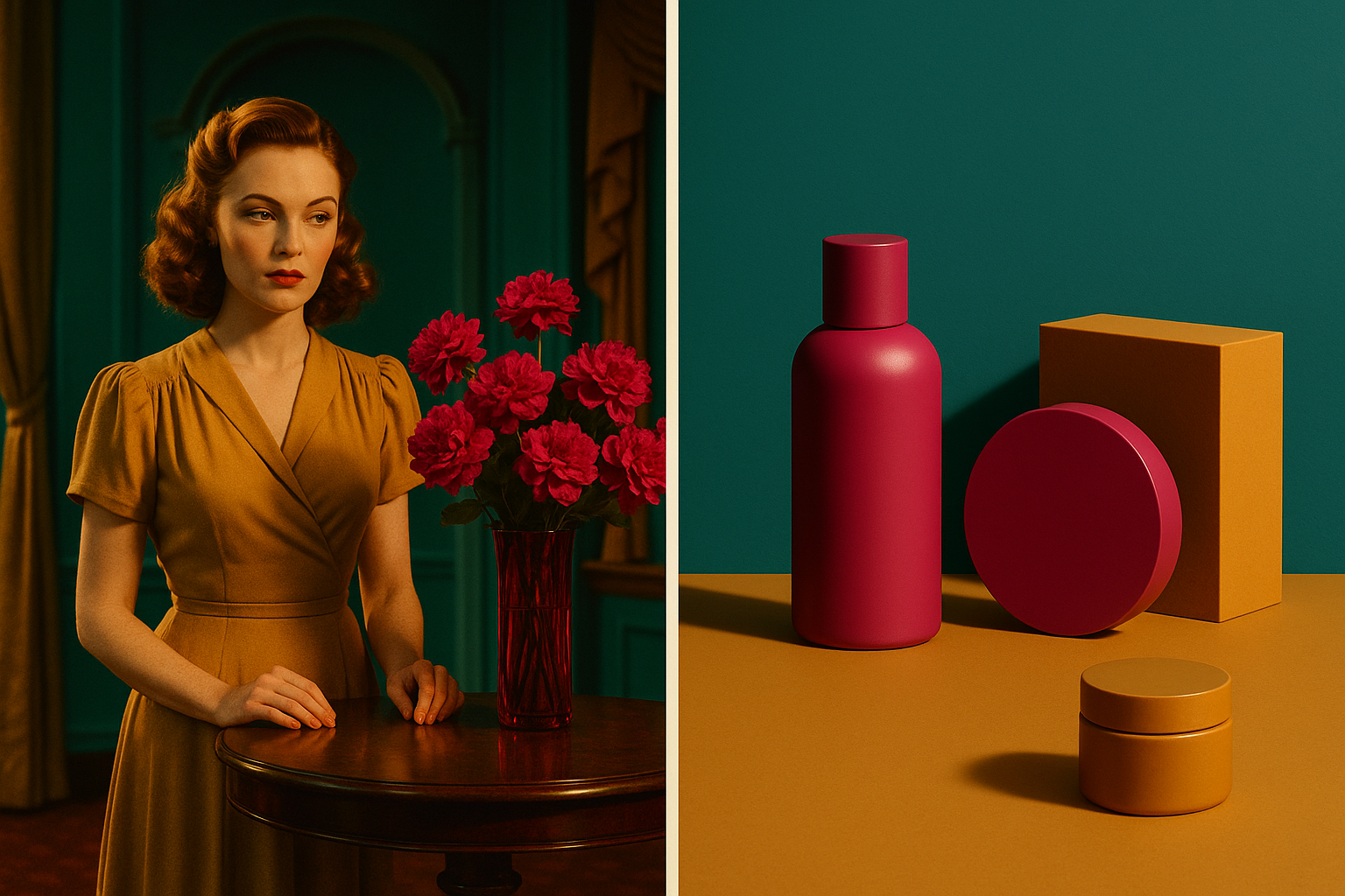 Side-by-side comparison showing a vintage 1940s Technicolor-style interior scene next to a modern brand campaign photograph, both sharing the same saturated teal, magenta, and gold color relationships